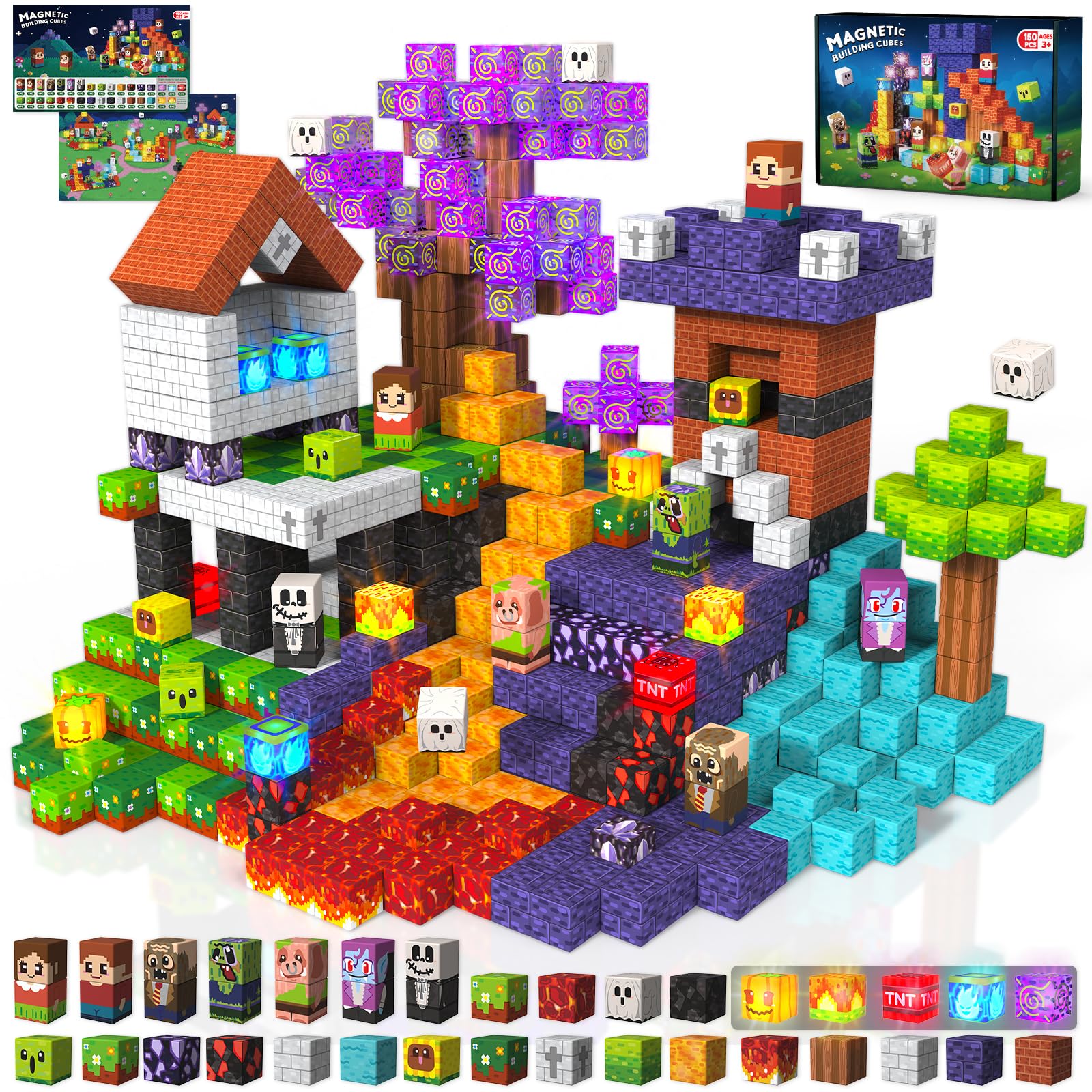 Goody King 150pcs Magnetic Blocks with Light Blocks, STEM Educational Magent Toys for Kids Ages 3+, Montessori Magnetic Cubes, Creative Construction Building Blocks Set for Boys Girls