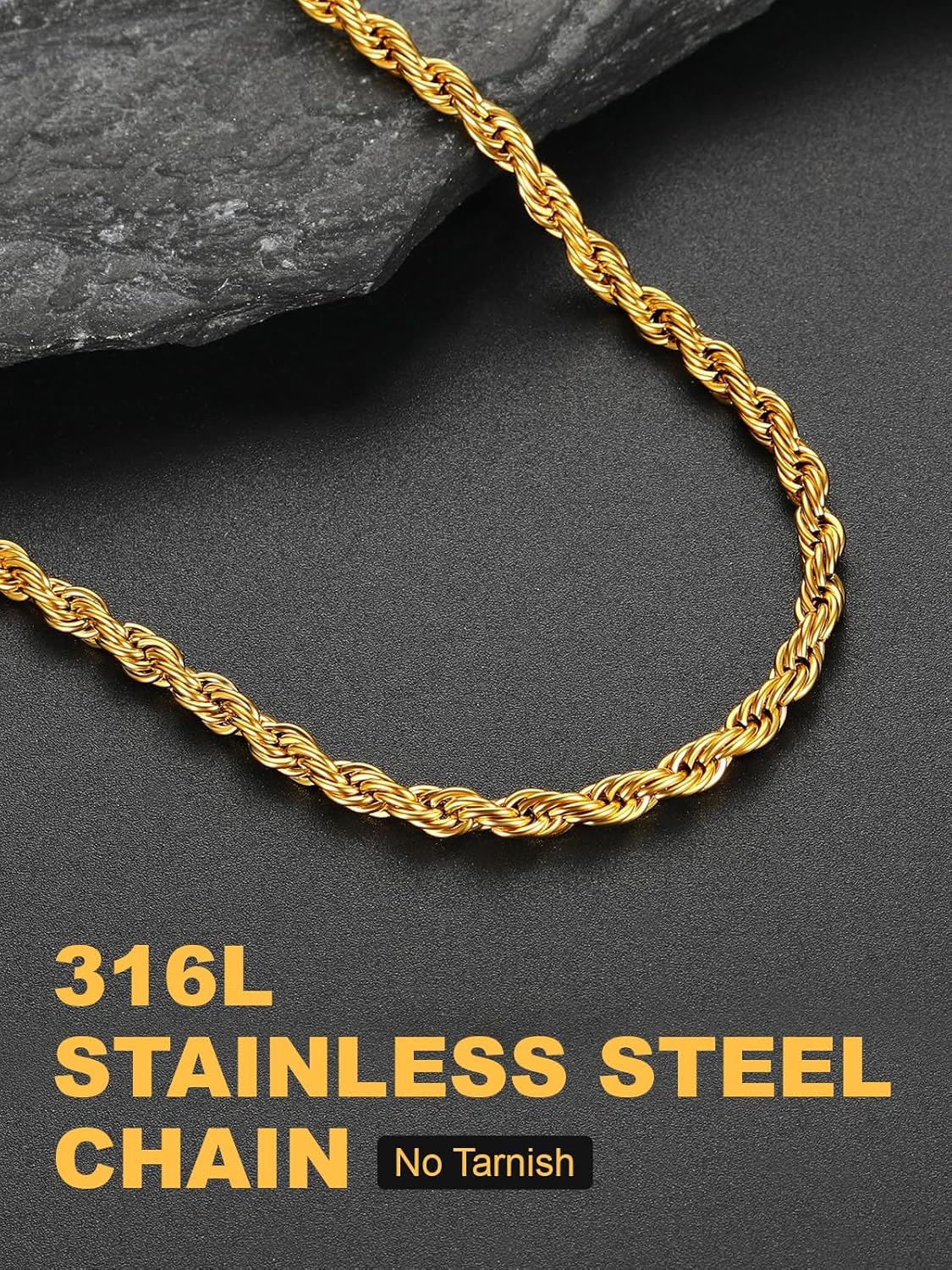 U7 Twisted Rope Chain, Figaro Chain, Men Stainless Steel Necklace and Bracelet Set, 3mm 5mm 6mm 9mm Black Gold Silver Chains Necklaces for Men Women 16"-30"