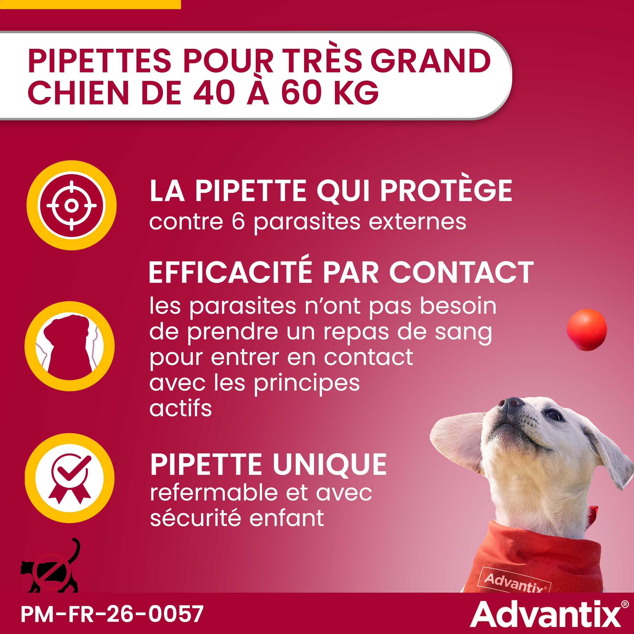Advantix Très Grand Chien entre 40 et 60 kg – Pipettes pour chien contre 6 parasites – Traitement en pipette pour une protection en continu pendant 4 semaines – 6 x 6,0 ml