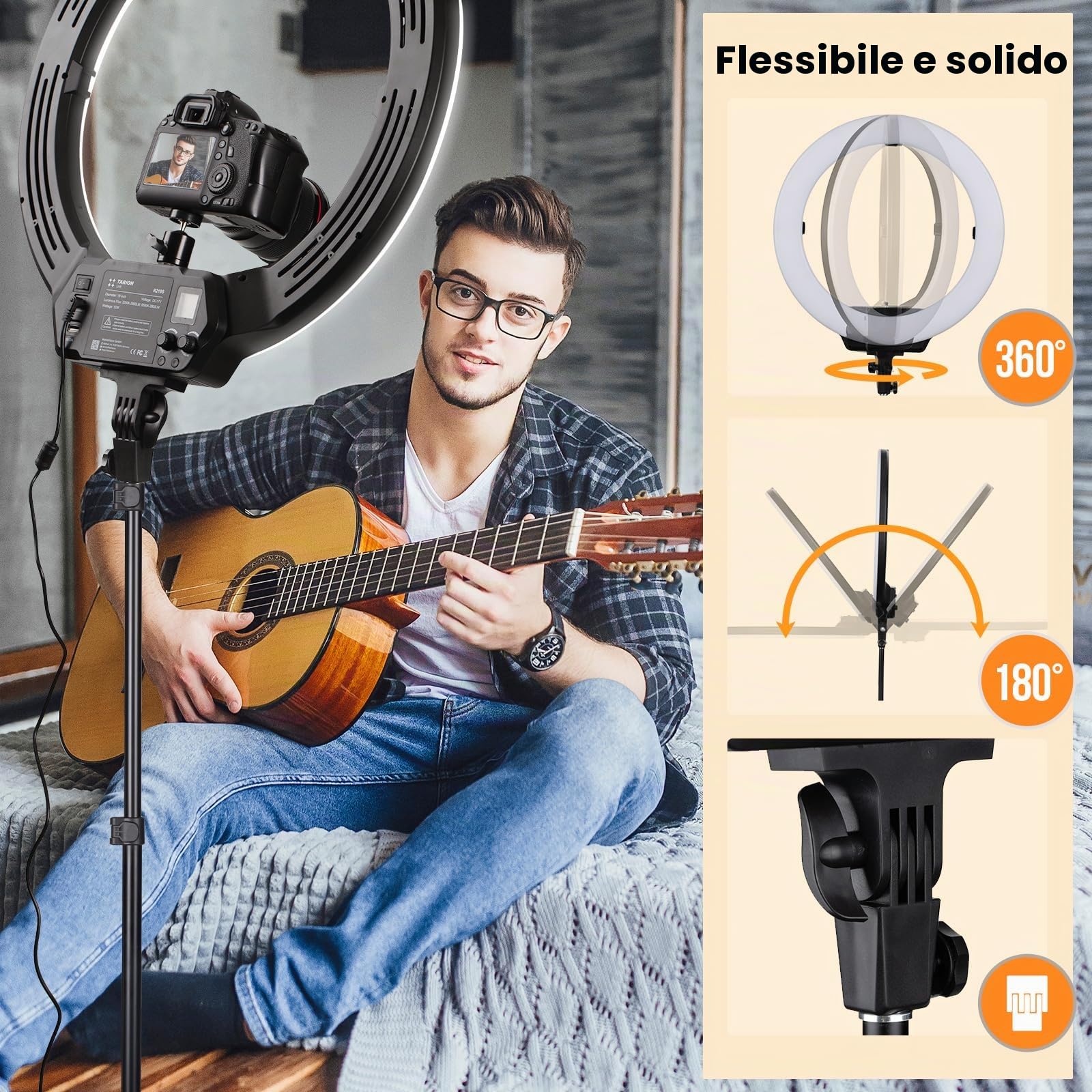 TARION R219S Luce ad anello a LED con supporto per treppiede, luce circolare dimmerabile da 19 pollici con supporto per telefono per trucco fotografico per selfie in streaming live