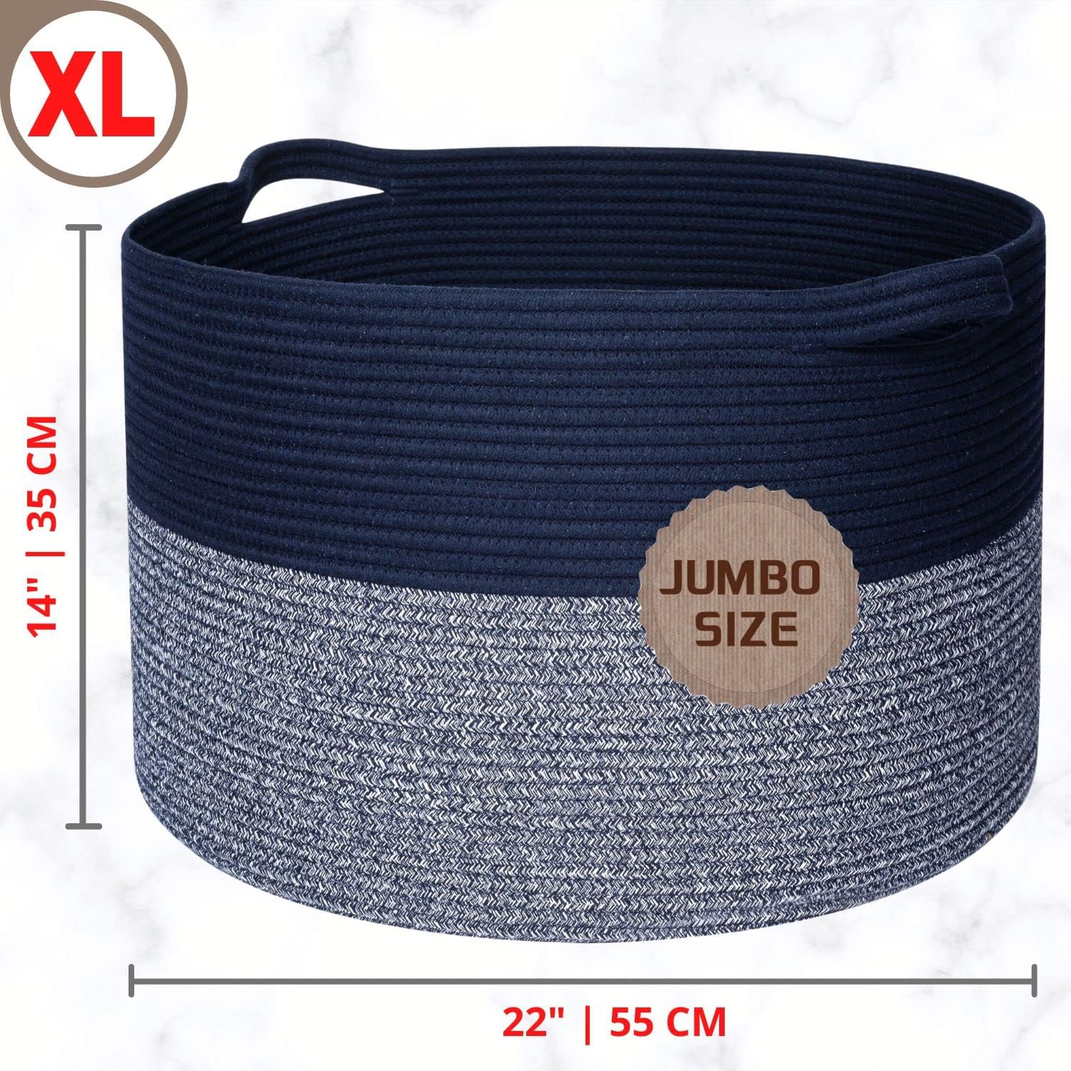 MINTWOOD Design Extra Large 22 x 14 Inches Decorative Woven Cotton Rope Blanket Storage Basket Bin Living Room with Handles and Laundry Hamper for Pillows, Pool Towels, Dog Toys, Shoes, Navy Blue - Image 2