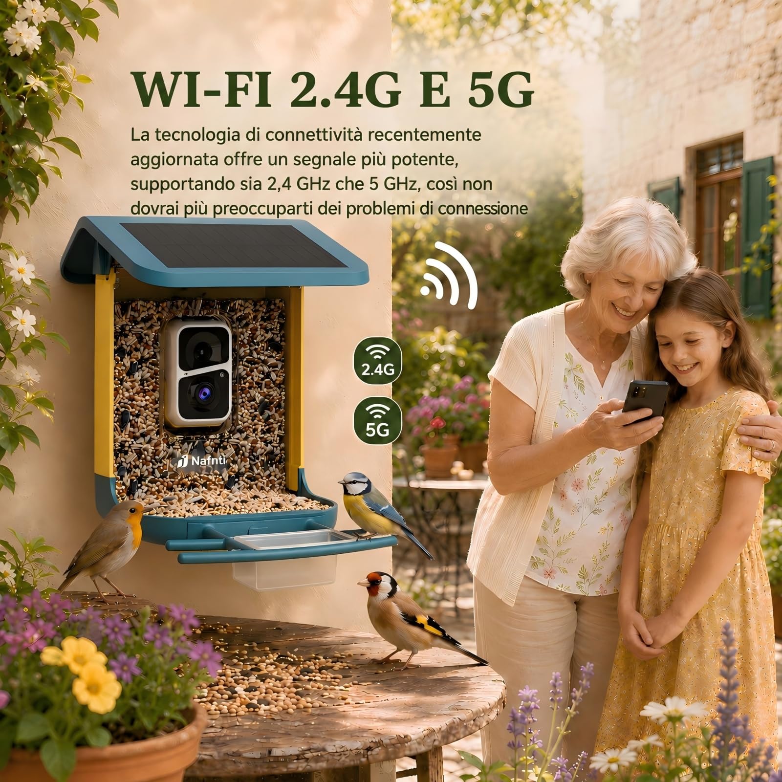 Mangiatoia intelligente per uccelli 2K con fotocamera, alimentazione solare, AI identifica oltre 10.000 uccelli, capacità 1,8 l, impermeabile IP65