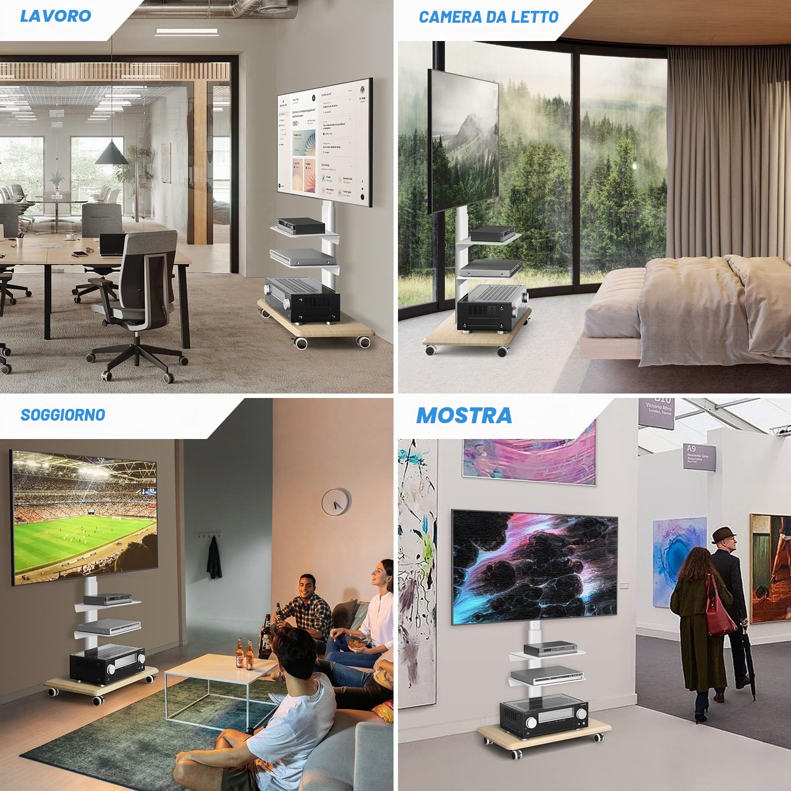 RFIVER Supporto TV da Pavimento Per TV da 26-65 Pollici LCD/LED/Plasma, Carrello Porta TV con Ruote Regolabile in Altezza Porta TV da Terra con 3 Ripiani Fino a 35kg, Max. VESA 400x400mm, Bianco