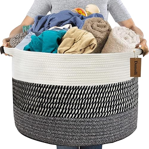 Domolli Blanket Basket, Cotton Rope Basket with Leather Handles XXXL Extra Large Laundry Basket 22" x 22" x 14" Baby Hamper Nursery Bins Woven Basket for Blankets Pillows Clothes Stuffed Toys Storage