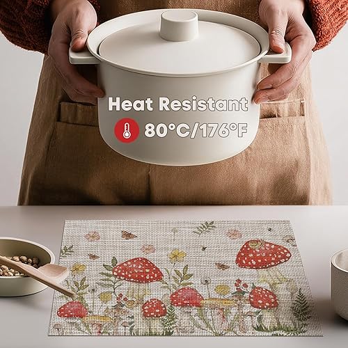 Miniatura 3 de Artoid Mode Juego de 4 manteles individuales beige con diseño de hongos y polilla y flores, 12 x 18 pulgadas, tejido de plástico, lavable,