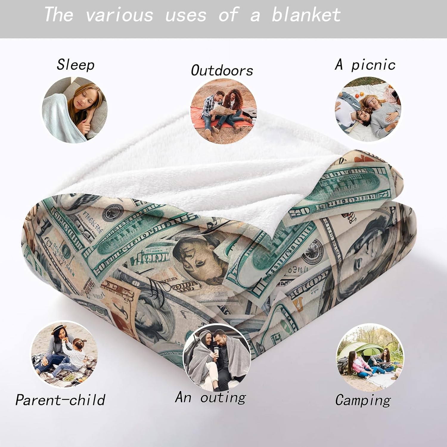Money Print Throw Blanket - 50x60in,Ultra Soft, Cozy Lightweight Flannel,Realistic Cash Pattern Fun Blankets - Gifts for Adult,for Couch Office Travel,Home Living Room Decor