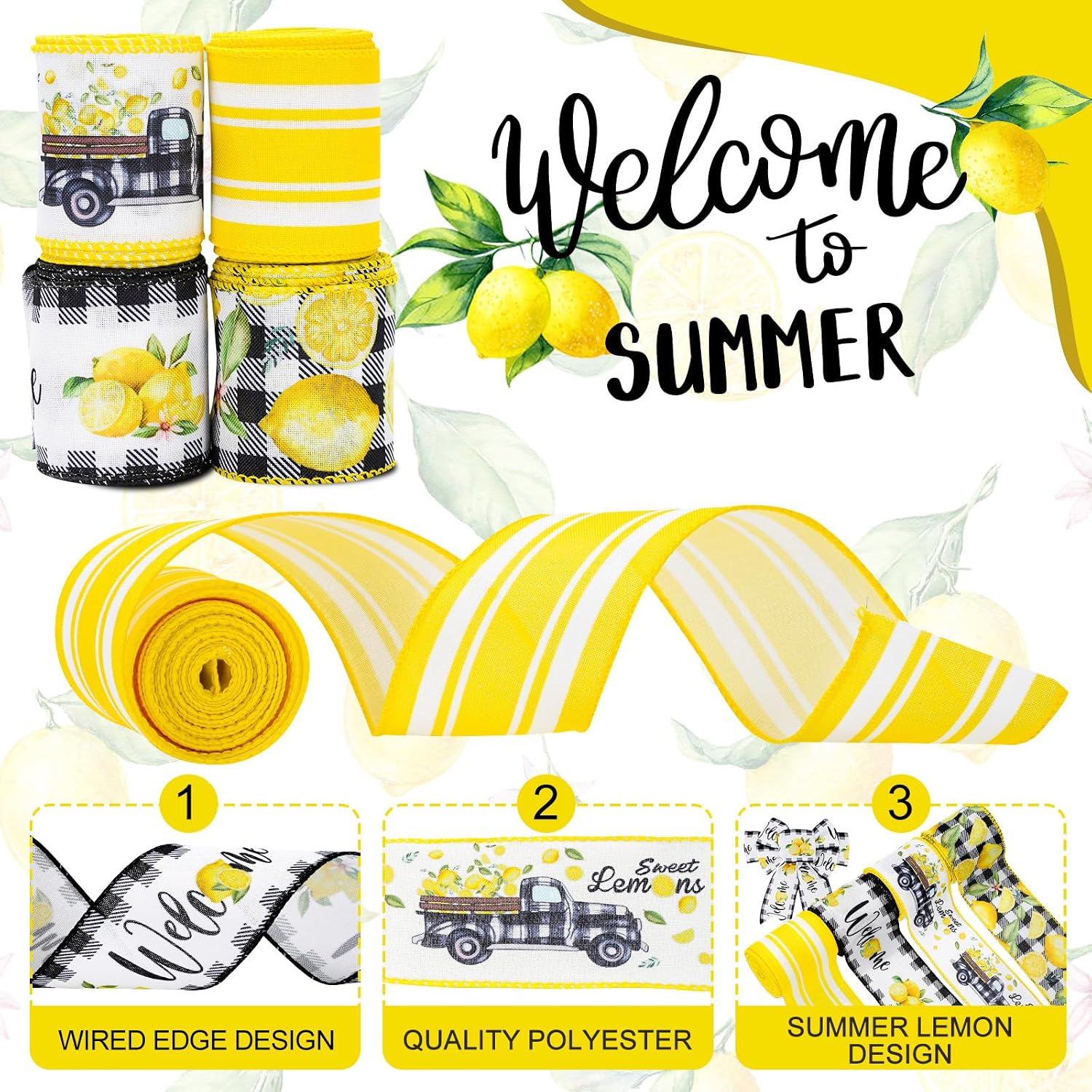AnyDesign Lemon Wired Edge Ribbon 24 Yards Summer Yellow Lemons Truck Fabric Ribbon Black Buffalo Plaid Wrapping Ribbons for Farmhouse Wreath Bow Making DIY Crafts Supplies, 4 Roll