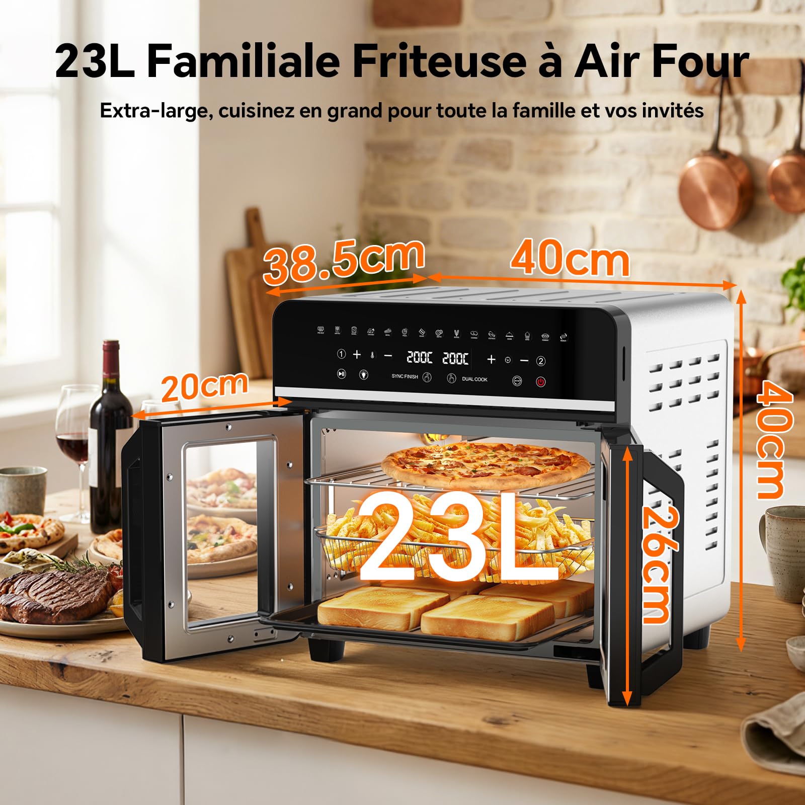 23L Friteuse à Air Chaud Familles, Mini Forno Cuisson Zone 1/2, Temp Sép | Portes Français 15-en-1 Fenêtre de Visualisation Lumière Intégrée, Grande Fritteuse Sans Huile Famille, 200℃/2600W Air Fryer