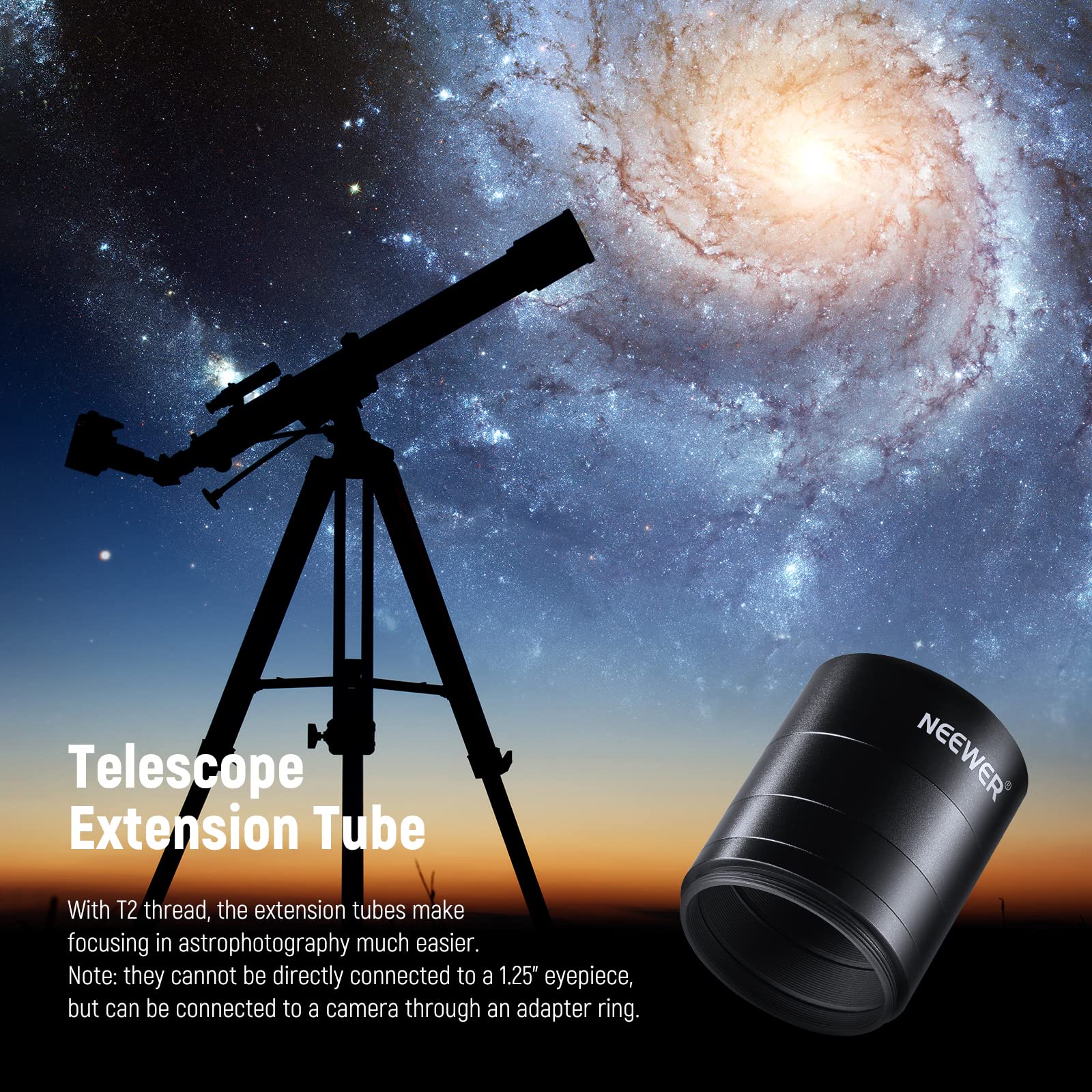 NEEWER Kit de 4 Tubes d'extension T2, Tube d'extension 5mm 10mm 15mm 20mm avec Filetage Double Face M42 x 0,75 mm, Accessoire de télescope pour astrophotographie
