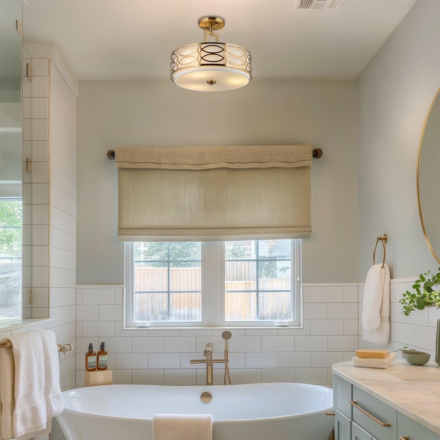 Kira Home Sienna 15" 3-Light Semi Flush Mount Ceiling Light, White Fabric Shade + Glass Diffuser, Cool Brass Finish