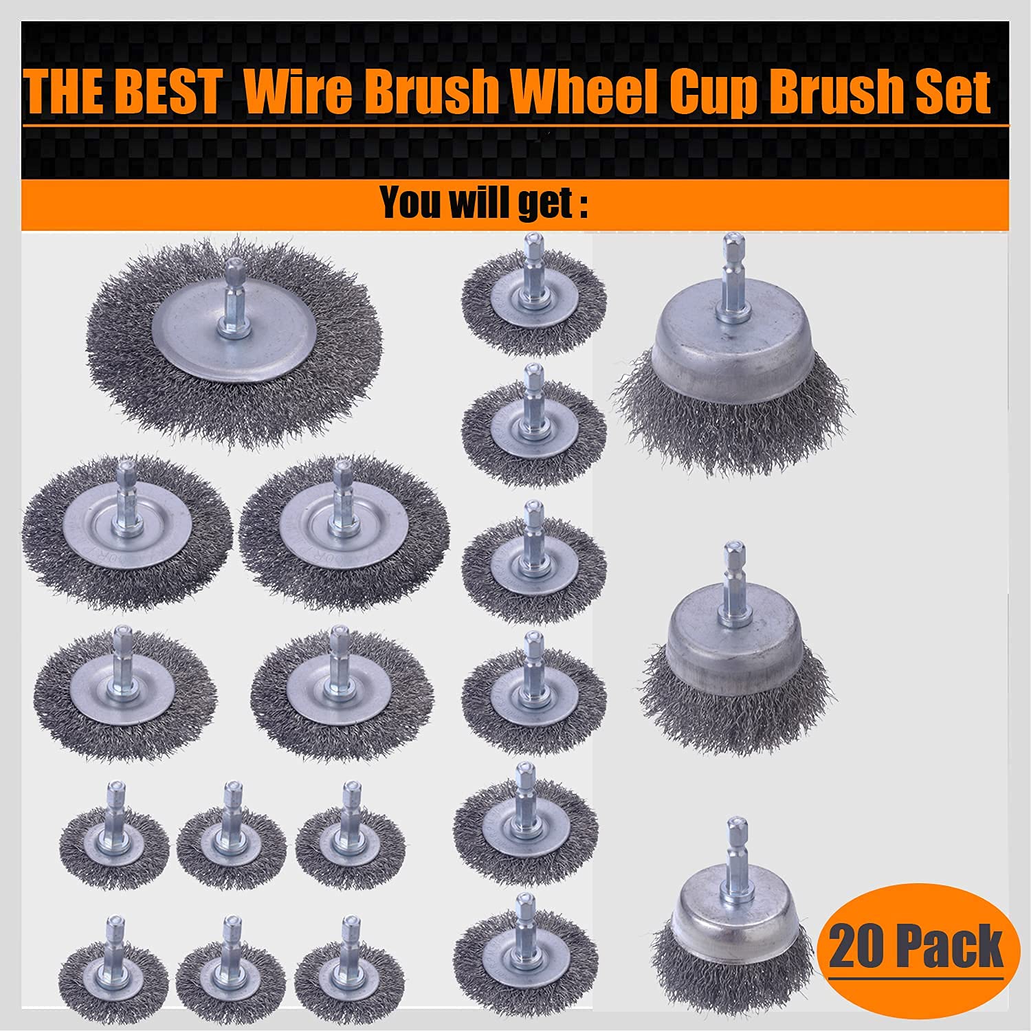 WENORA 20 Pack Wire Brush Wheel Cup Brush Set , Wire Brush for Drill 1/4 Inch Hex Shank 0.012 inch Coarse Carbon Steel, Wire Wheel for Drill for Cleaning Rust and Abrasive,Wire Brush Drill Attachment