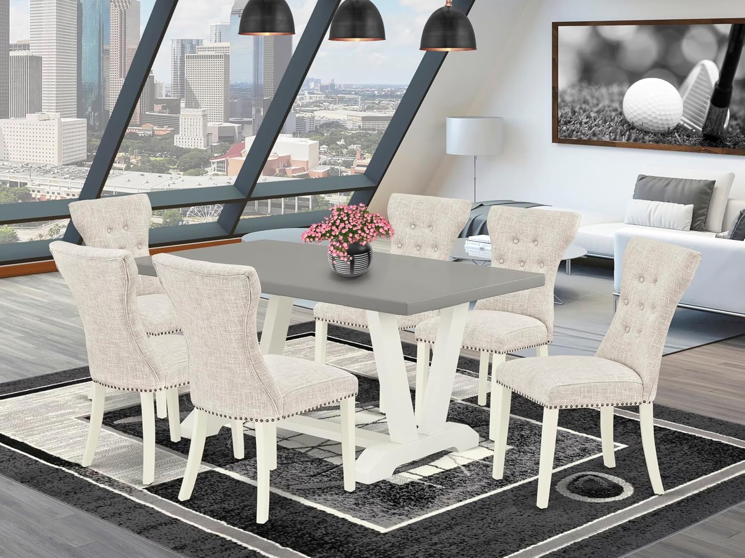 East West Furniture V096GA235-7 7 Piece Dining Table Set Consist of a Rectangle Dining Room Table with V-Legs and 6 Doeskin Linen Fabric Upholstered Chairs, 36x60 Inch, Multi-Color