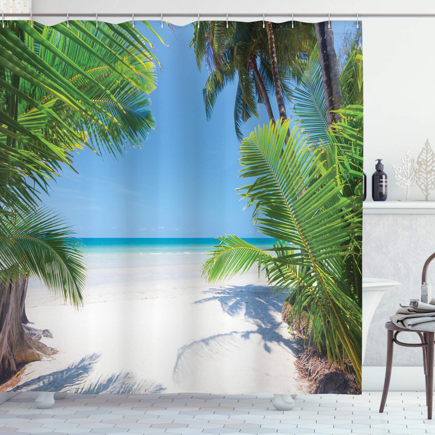 ABAKUHAUS Ocean Shower Curtain, Palm Leaves and Tropical Beach Coastline Seashore Vacation Theme Photo, Cloth Fabric Bathroom Decor Set with Hooks, 175 x 200 cm, Green Sky Blue White