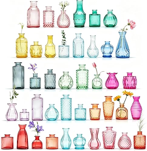 42 Pcs Vases Bulk Colored Glass Bud Vases Set, Assorted Vintage Bud Vases | Embossed Glass Bottles, Small Rustic Bud Vases in Bulk for Wedding Table Centerpieces, Home Table Decor, Party Gift