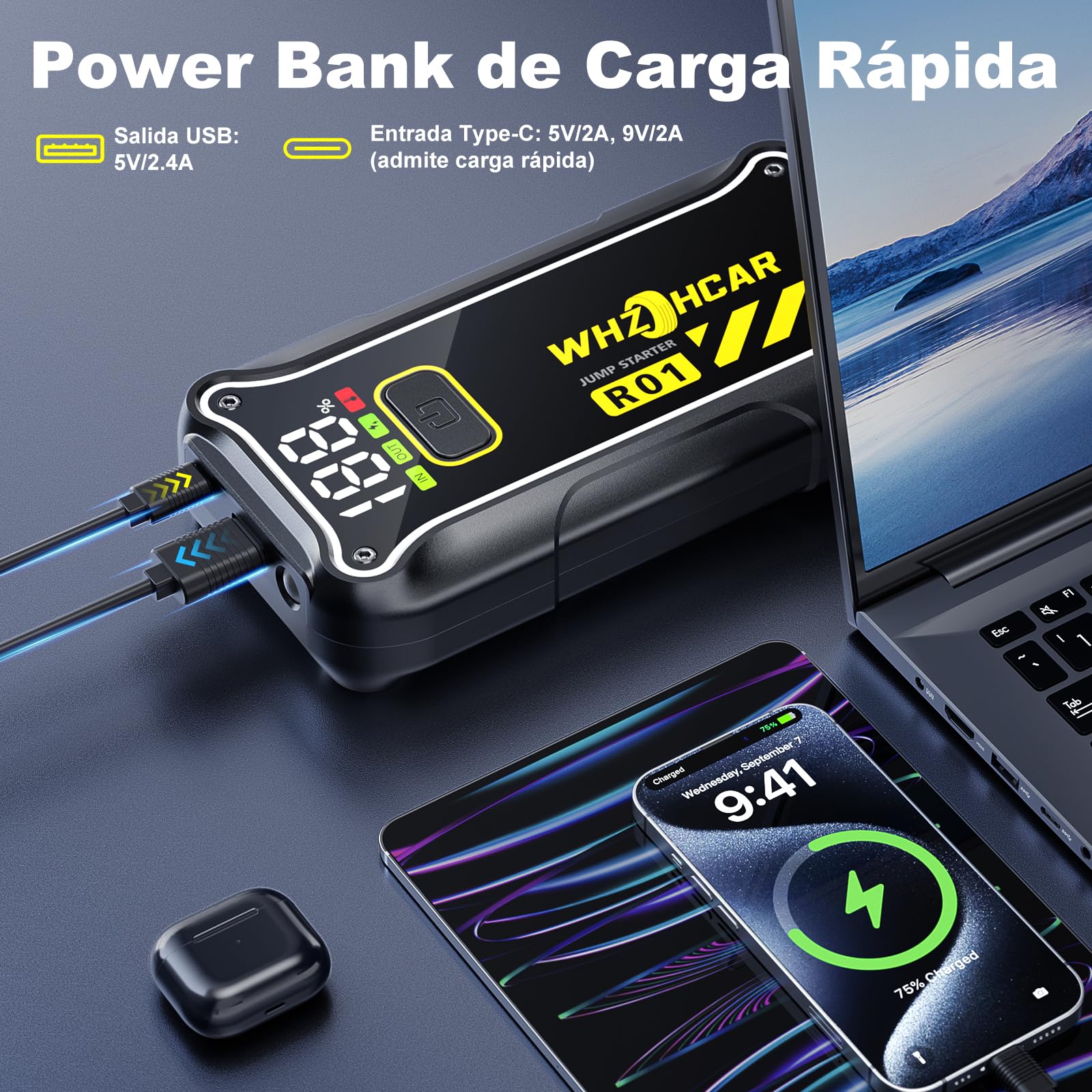Arrancador de Coches 7000A 12V Arrancador de Baterias de Coche (para 10.0L de Gasolina o 8L de Diésel) Jump Starter Portátil con Linterna LED, USB Carga Rápida, Clips de Seguridad Inteligentes
