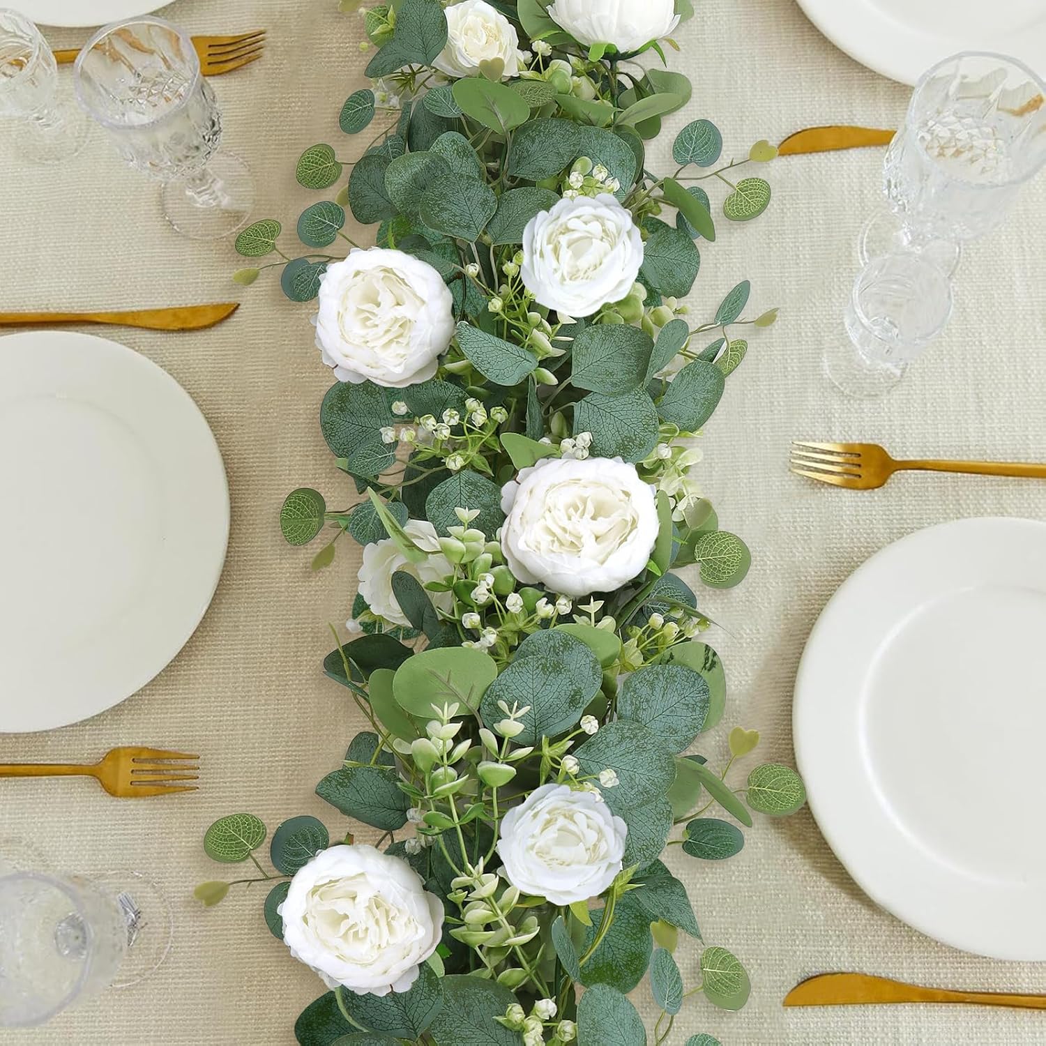 SOMYTING 2 Pack 13FT Flower Garland, Artificial Rose Vine Fake Flower Garland Silk Rose Peony Hanging Vine Faux Floral Vine for Wedding Party Arch Table Wall Backdrop Decoration (White)
