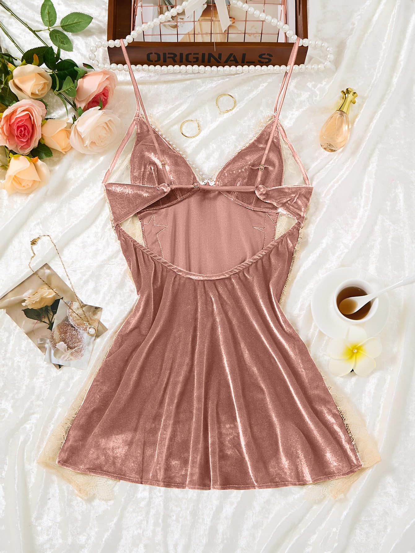 Lilosy Sexy Perlen, geteilte, gepolsterte Samt-Applikationen, Spitze, Blumenmuster, Mini-Dessous-Kleid