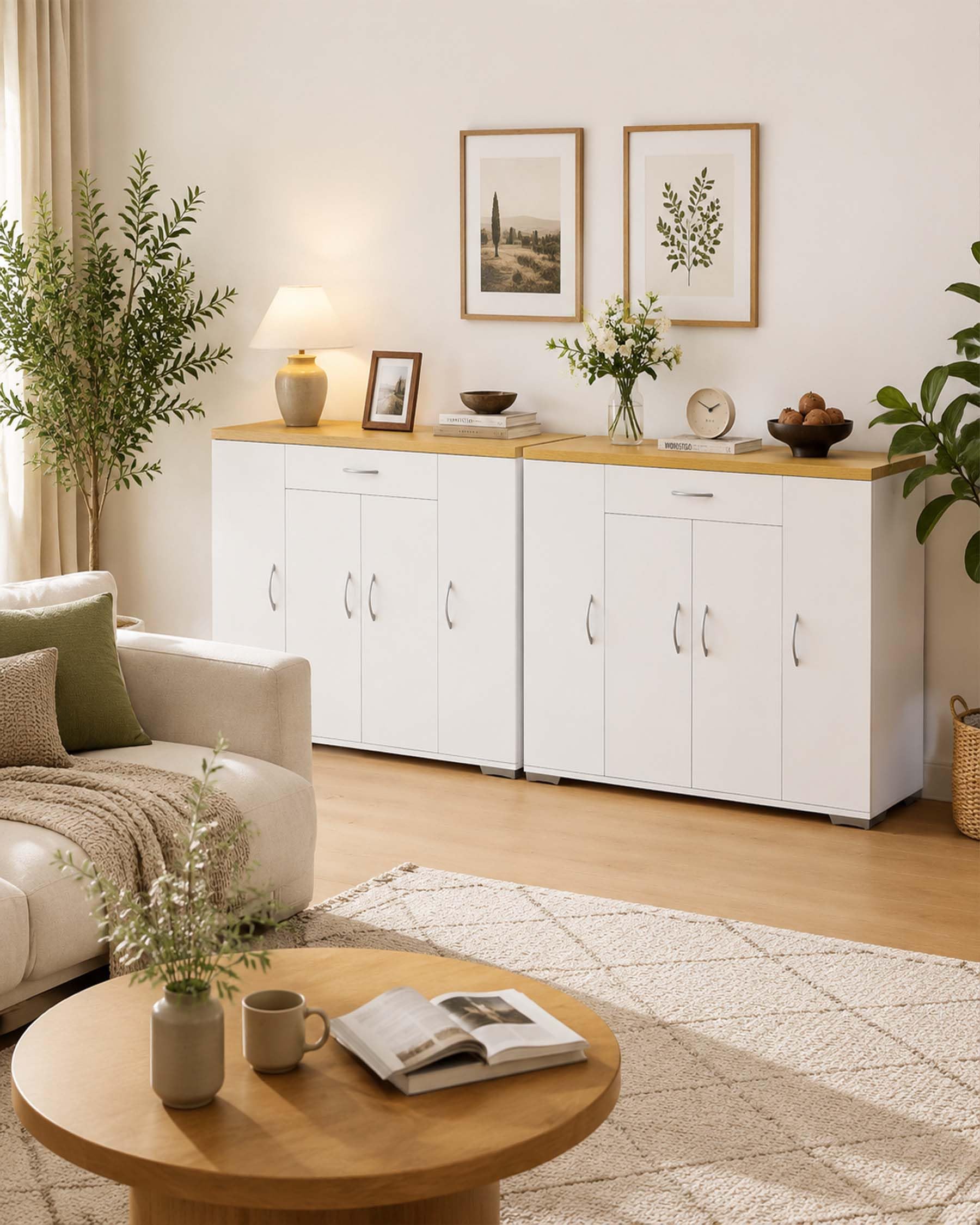 Comò Soggiorno Bianco 110 x 30 x 70 cm Comò Camera da Letto Mobile Soggiorno con 4 Ante e 1 Cassetto Credenza Bassa Mobile Contenitore per Ingresso Cucina