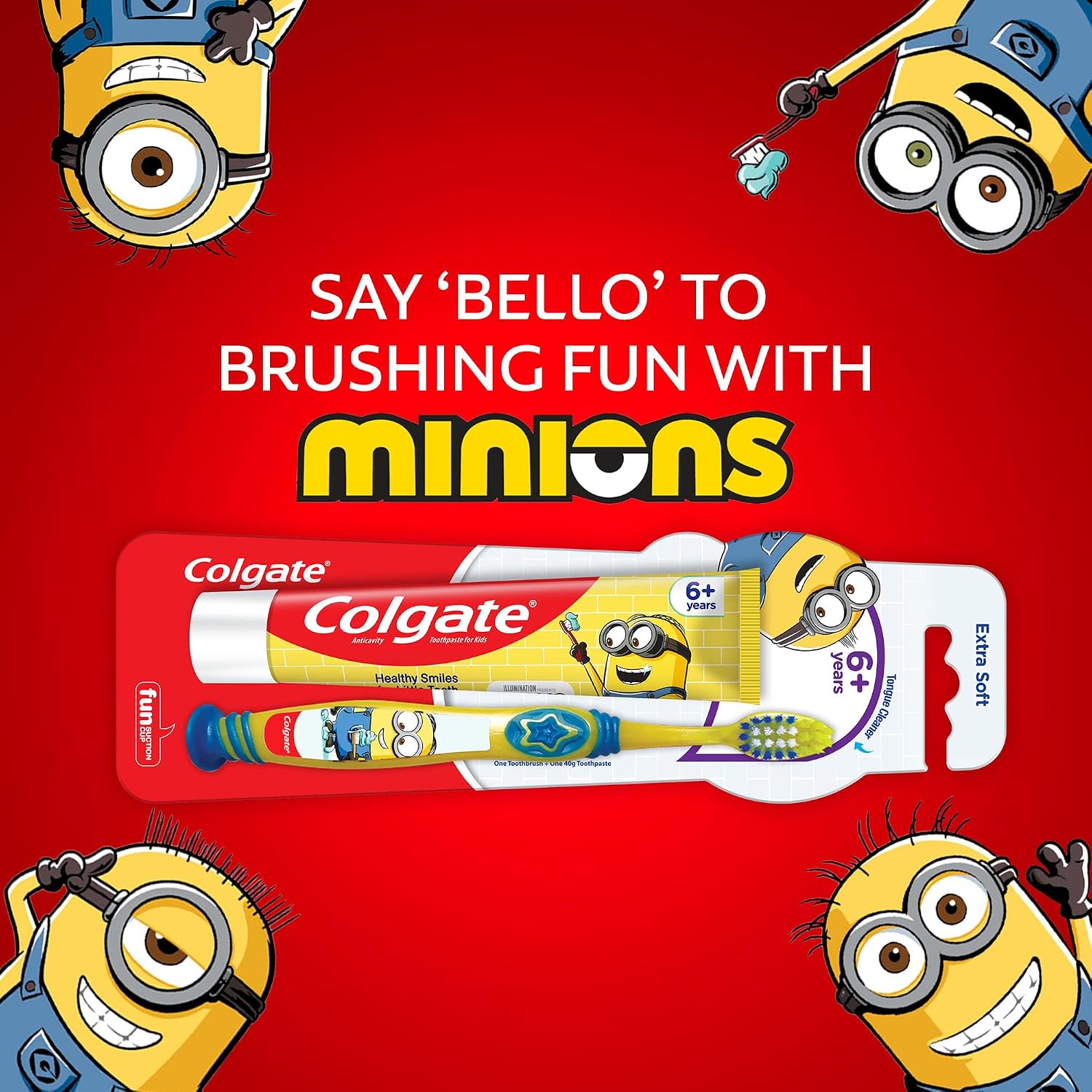 Colgate Kids (6+ Years) Minion Toothbrush, Extra Soft with Tongue Cleaner - 1 Pc & Minion Toothpaste - 40 Grams, Manual, Multicolor