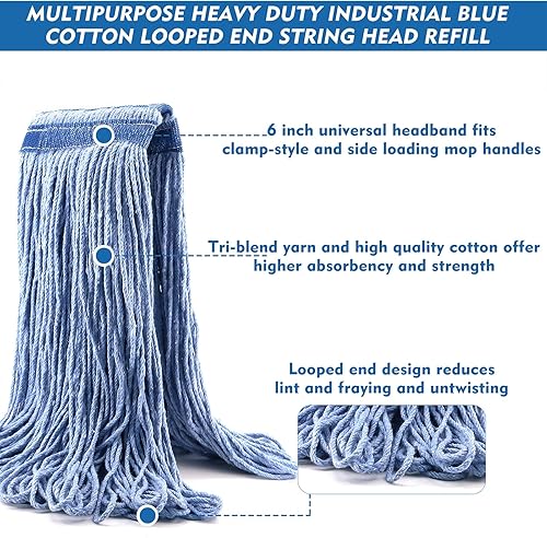 Miniatura 3 de Cabezal de trapeador de algodón con extremo de bucle de 24 onzas, repuesto de fregona resistente con diadema de 6 pulgadas, cabezal de repuesto para