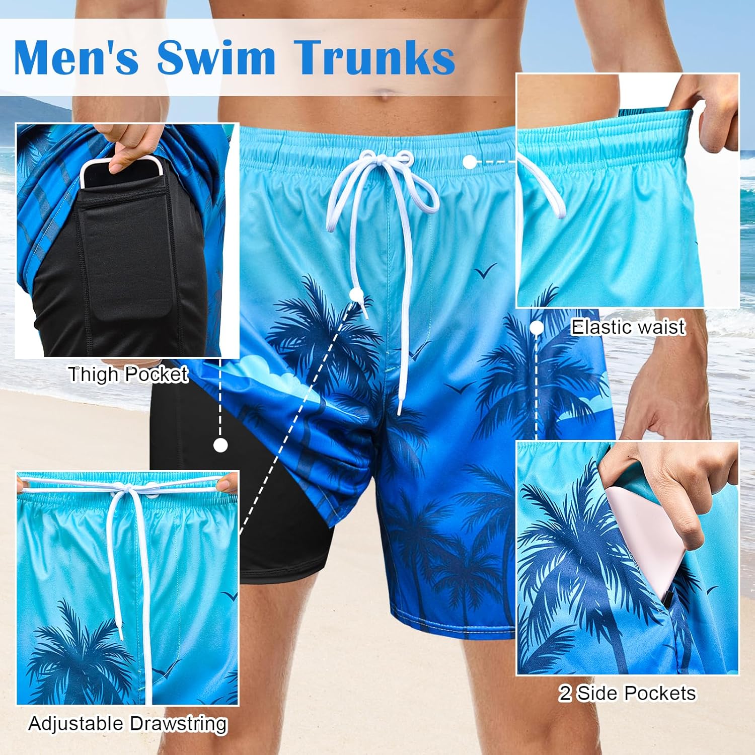 Mens Swim Trunks Bathing Suits Swimwear Swimming Board Shorts with Compression Liner Quick Dry Beach Swimsuit - Image 6