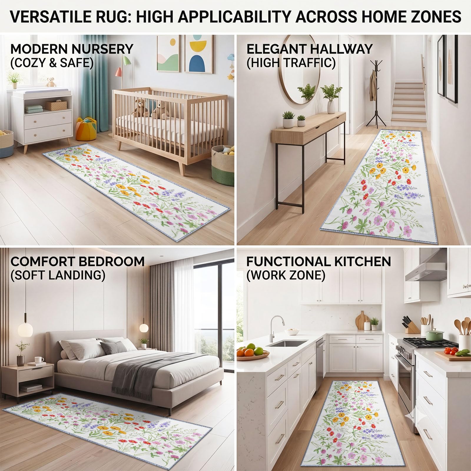 Fleurs Sauvages Prairie Tapis Couloir Lavable en Machine 60x240cm