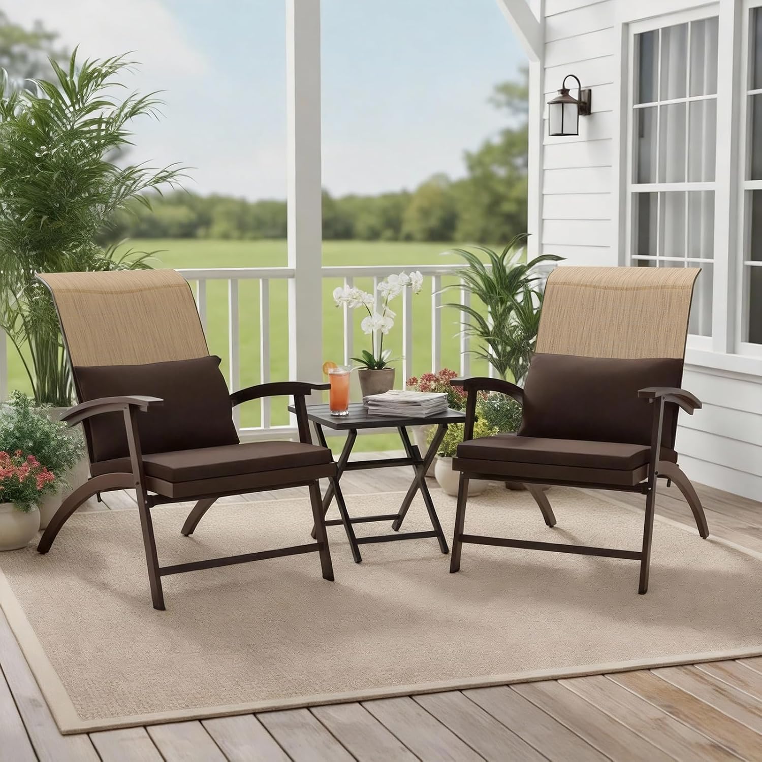 3 Piece Patio Furniture Set with Textilene Fabric,Foldable Patio Chairs Set of 2 with Metal Frame Table,Gift two Cushions, Outdoor Chairs Set for Poolside Balcony Porch Lawn Deck Garden（Brown）