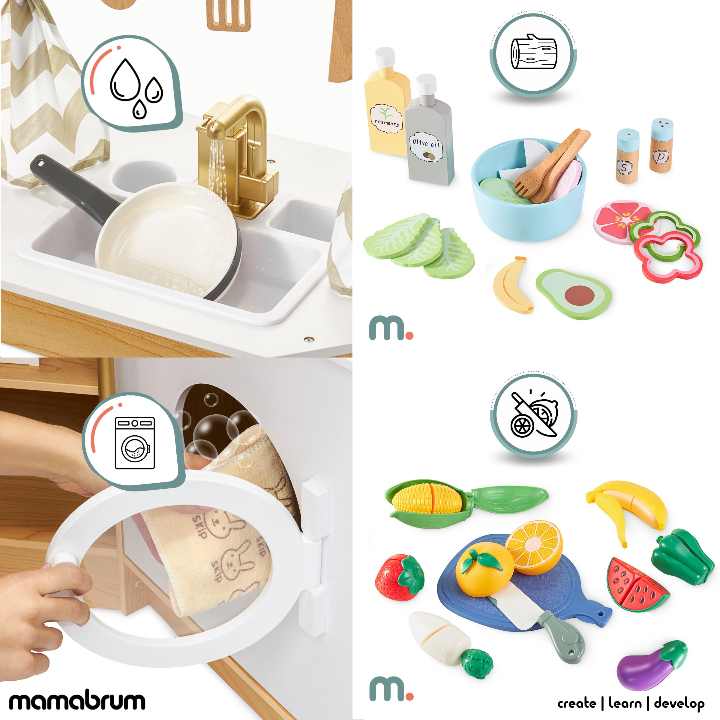 Mamabrum Cucina in Legno per Bambini 3+, Set XXXL con Luci LED, Caffettiera, Pentole, Frutta e Verdura | 50 Pezzi di Accessori Giocattolo