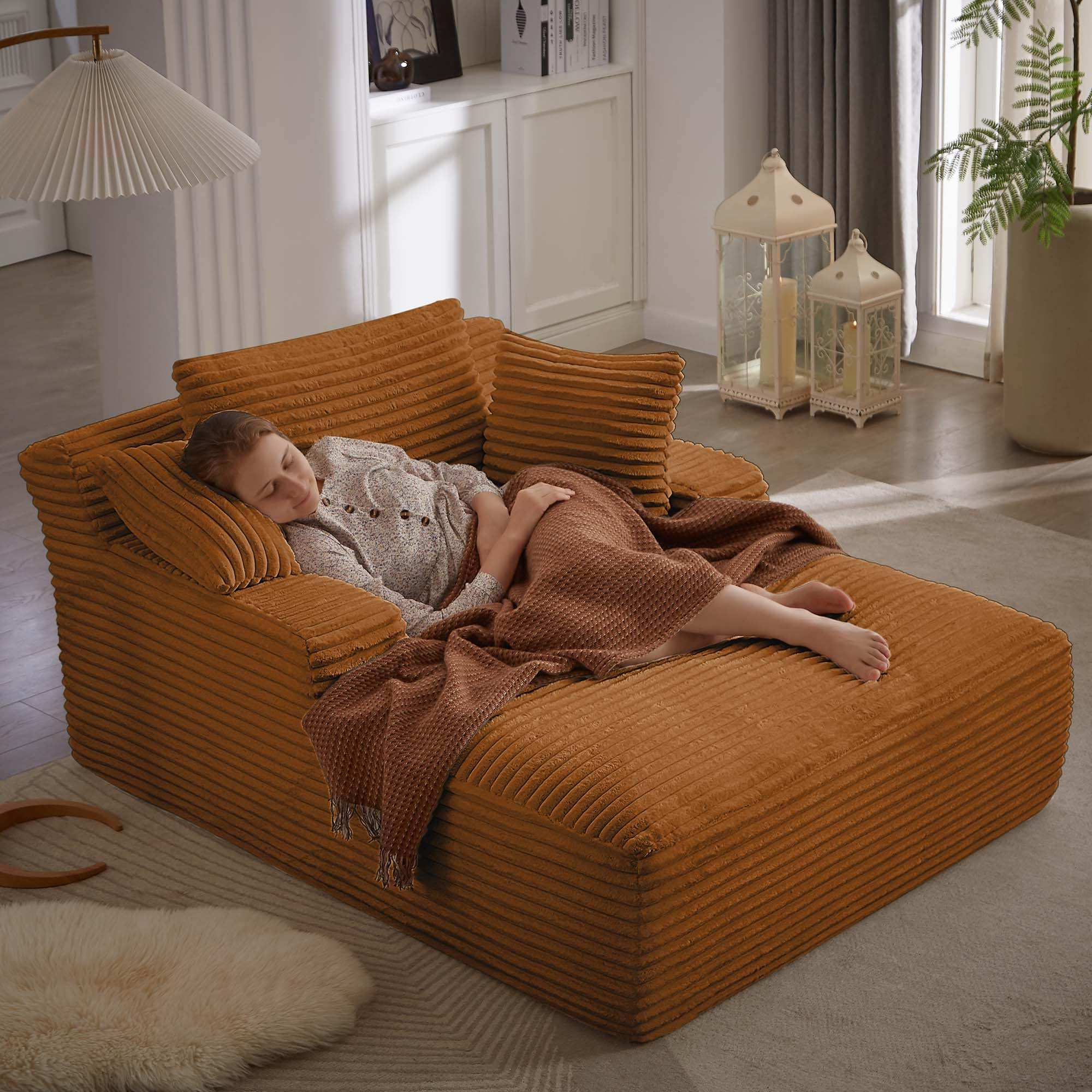GNIXUUOversized Chaise Lounge Chair Indoor, Comfy Fluffy Lounge Sofa Upholstered Sleeper Sofa Couch with Throw Pillows and Armrests, Corduroy Plush Chair Bed for Living Room, Orange