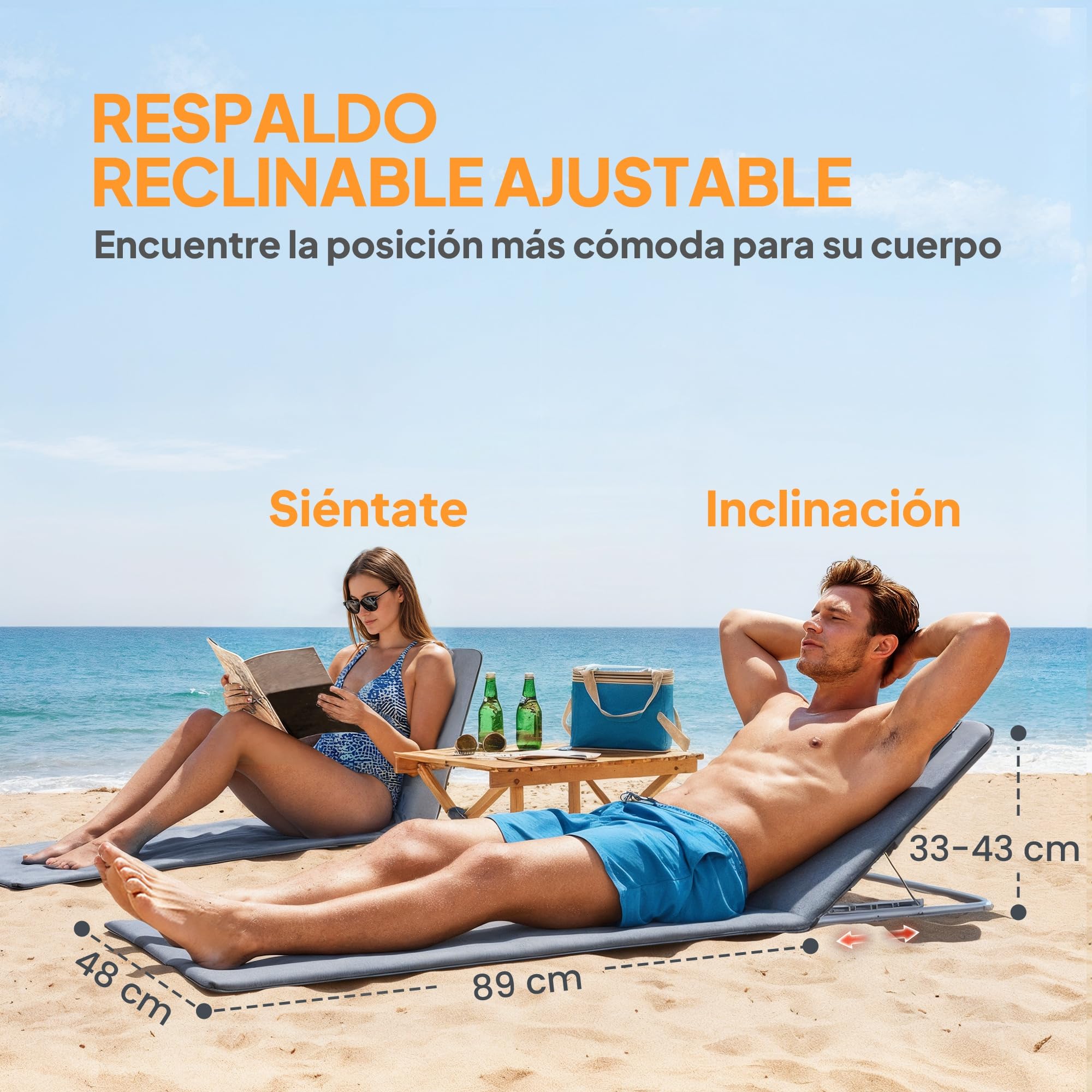 Outsunny Conjunto de 2 Esterillas de Playa Plegable Esterillas con Respaldo Reclinable en 5 Niveles Reposacabezas y Bolsa de Transporte 134x48x33-43 cm Gris