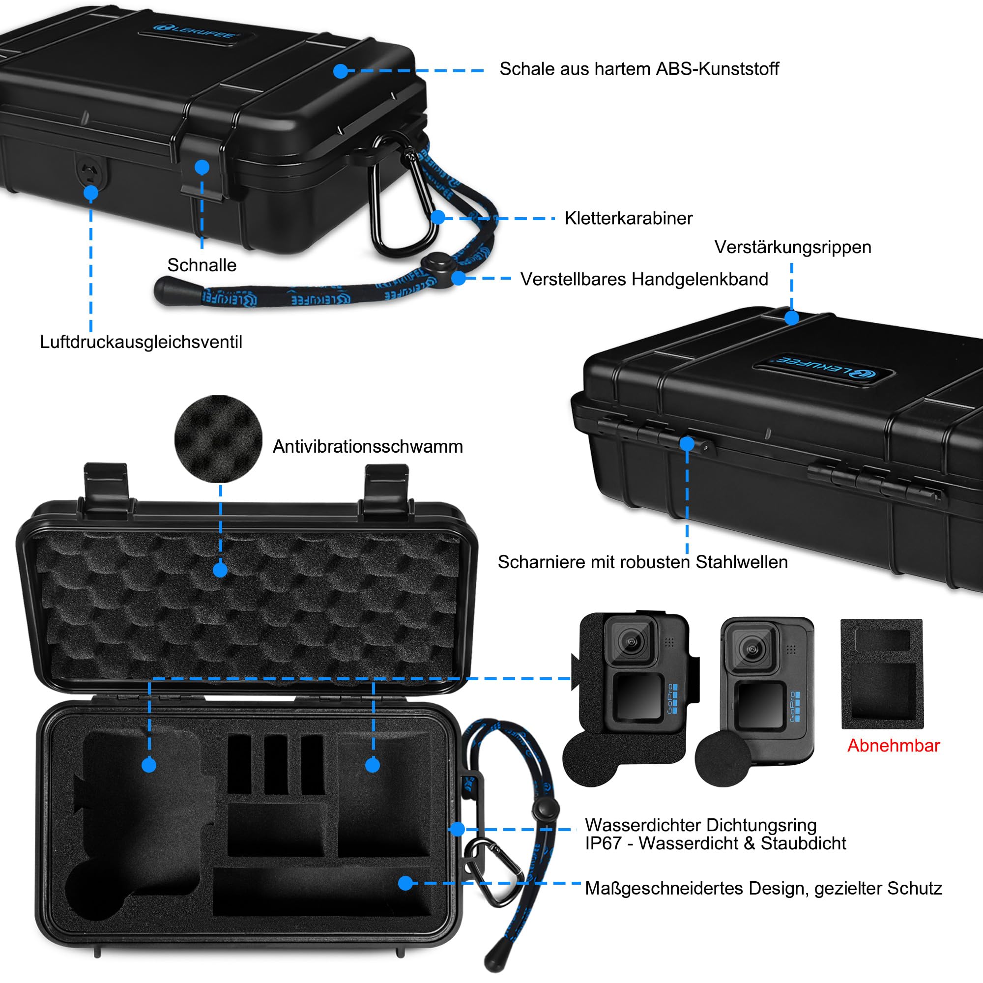 Lekufee Reise wasserdichte Tragekoffer für GoPro Hero 13/12/11/10/9,Hero 4K, LIT Hero, Media Mod und anderes Zubehör (Nur Tasche & Case)