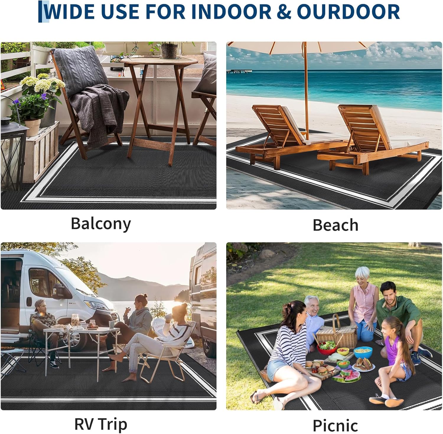 COZYLOOM Large Outdoor Rugs 9x18 Waterproof Plastic Straw Rug for Patio, Reversible Modern Bordered Camping Rug with Portable Bag & Stakes, Foldable & UV Resistant, Outdoor Carpet for Yard Deck, Black
