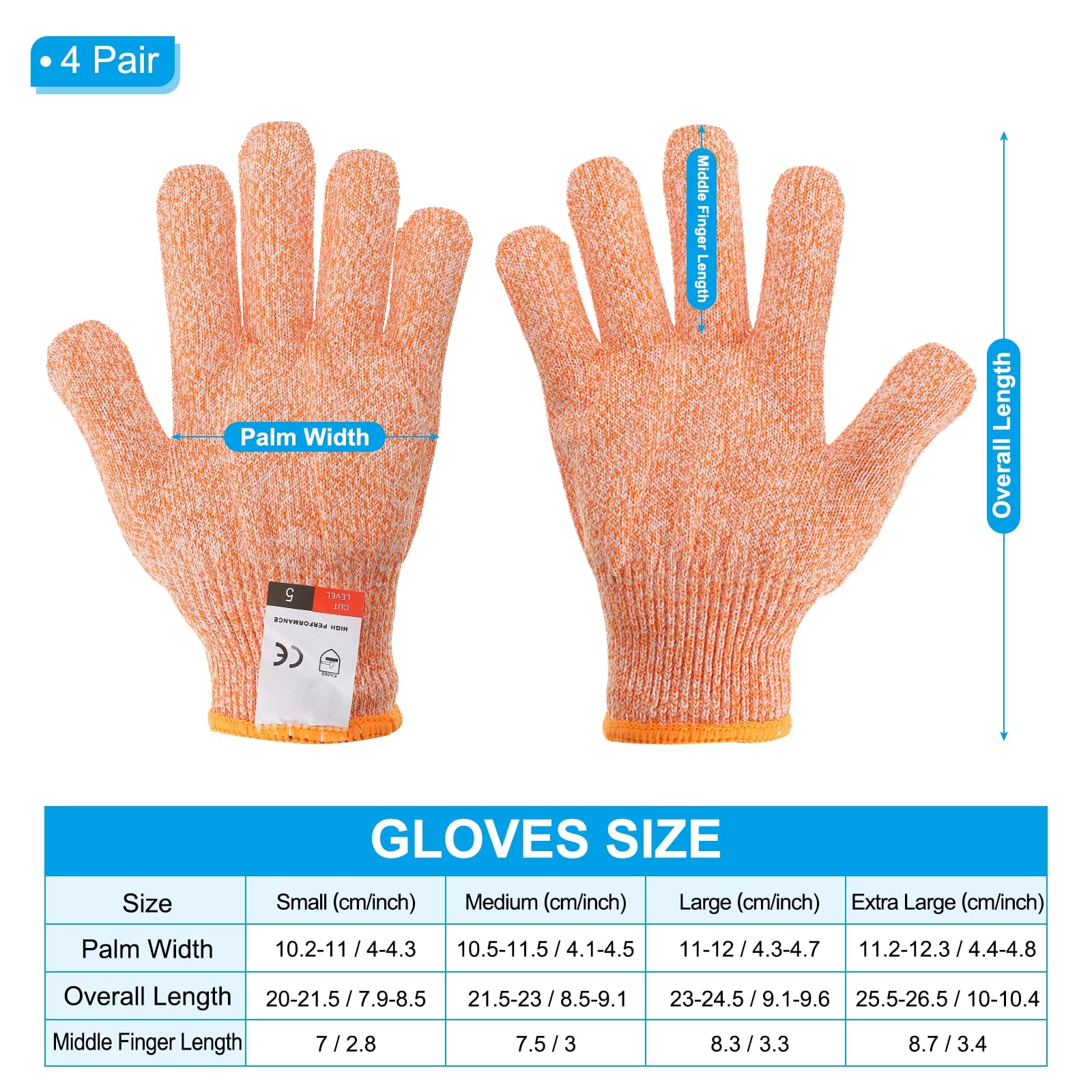PATIKIL Cut Resistant Gloves, 4 Pair Level 5 Protection Anti Cutting Gloves for Kitchen Wood Carving Working Medium, Orange - Image 2
