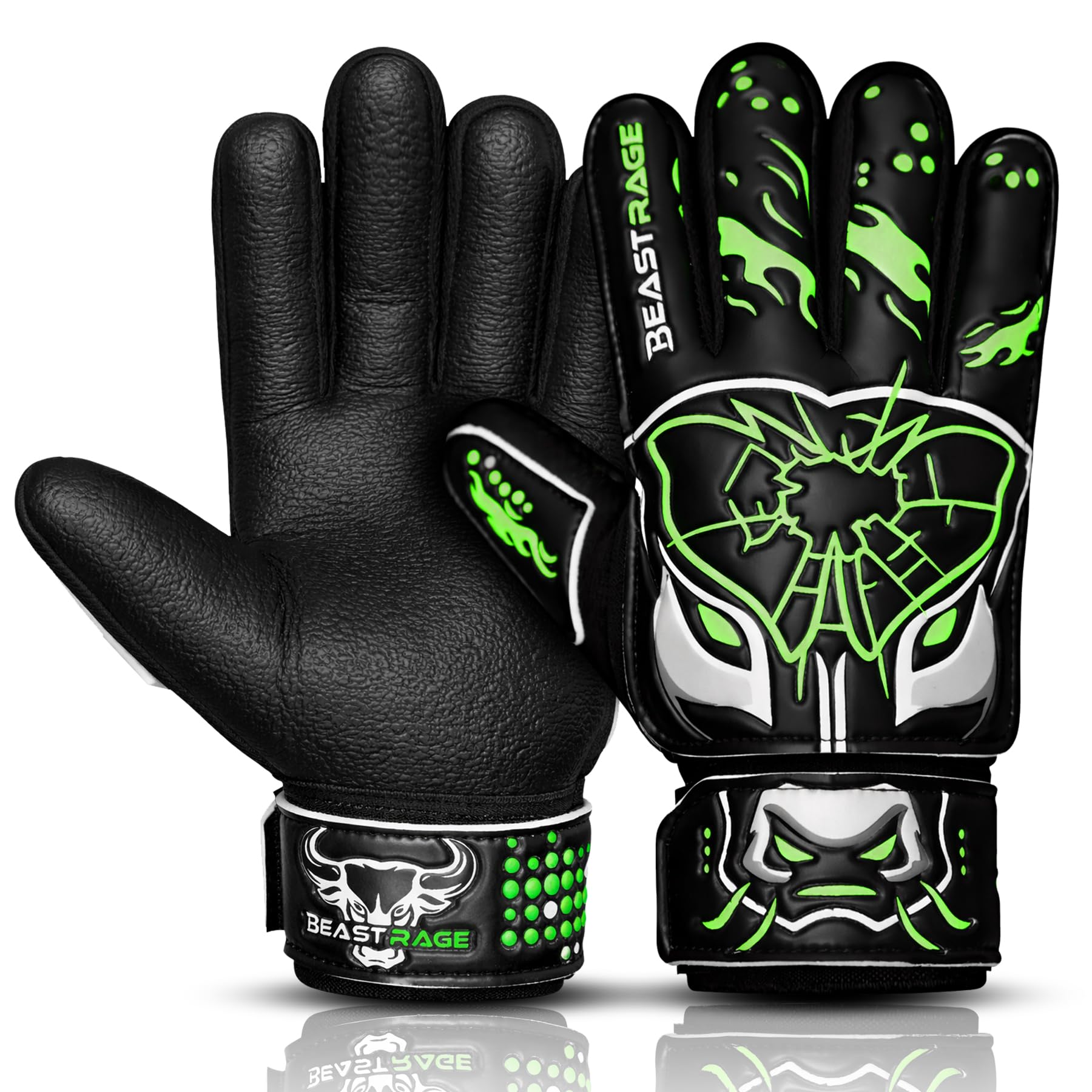 BEAST RAGE Kids Goalkeeper Gloves–Premium Anti-Slip German Latex 3MM+4MM Laminated Palm,Lightweight Backhand 3+4MM,Adjustable Wrist Strap,Soccer Goalie Gloves for Kids,Youth and Adults (Green, 5)