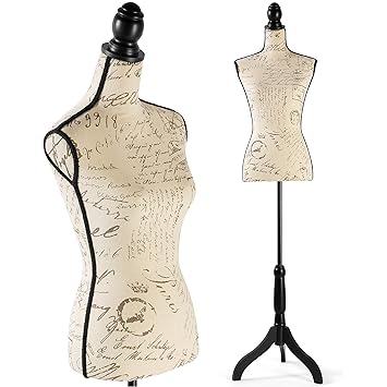 Female Dress Form Mannequin Adjustable Height Black Tripod Stand Woman Body Torso Clothing Display (Beige Printing)