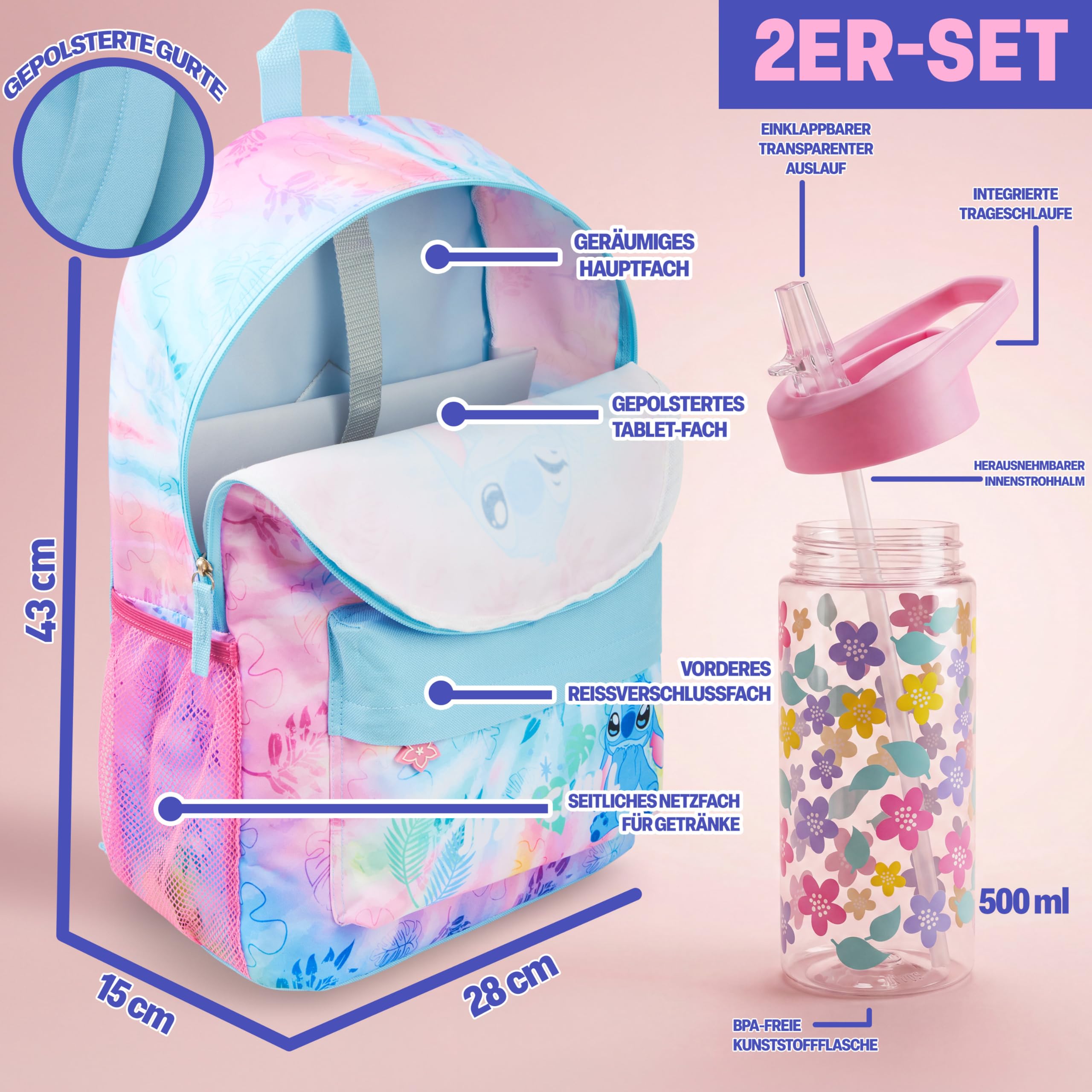 Get Trend Disney Stitch | Hello Kitty | Squishmallows Plecak dziewczęcy z butelką dla dzieci 500 ml, zamek błyskawiczny tornister dla dzieci i butelka bez BPA, Multi Stitch, Ensemble de 2 Pièces, 2
