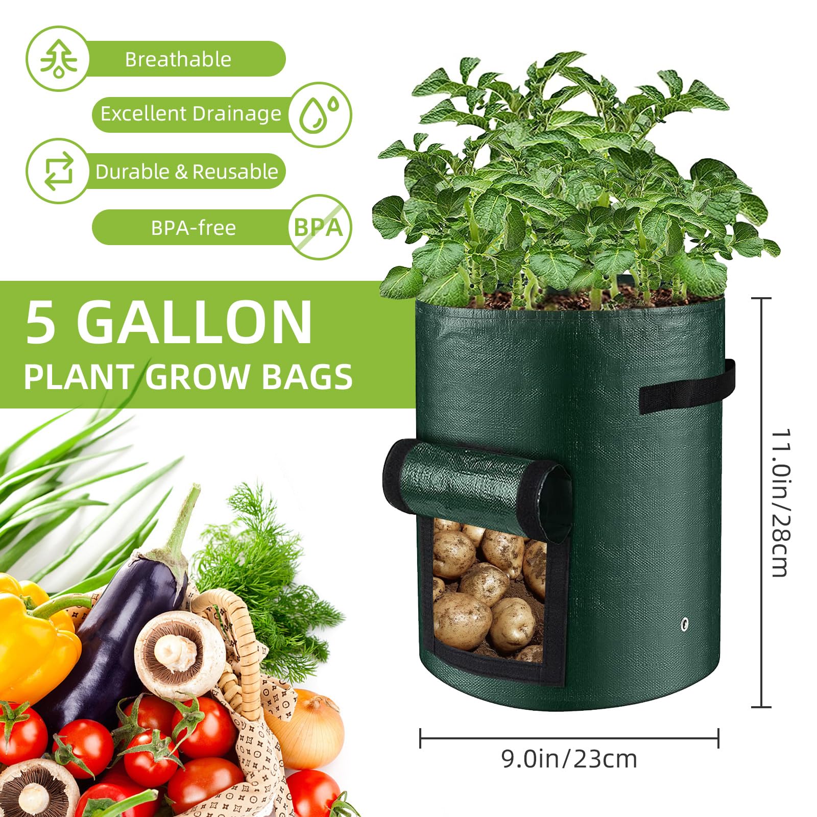 LITLANDSTAR 6 Pack Potato Grow Bags, 5 Gallon Grow Bags Garden Planting Bags with Flap Windows and Handles - Image 3