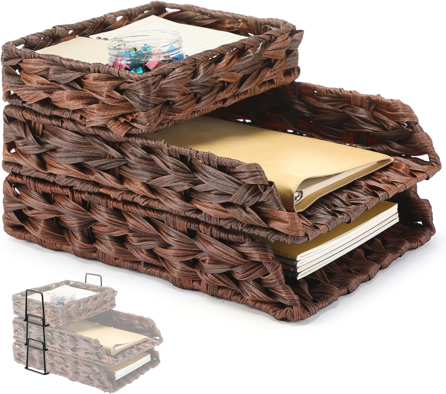 Geelin 3 Pack Paper Rope Woven Stackable Desk Organizer Letter Tray, Brown Tabletop Desk Basket for Storage Paper Letter Folders Notebooks Copy Print, Workspace Holder