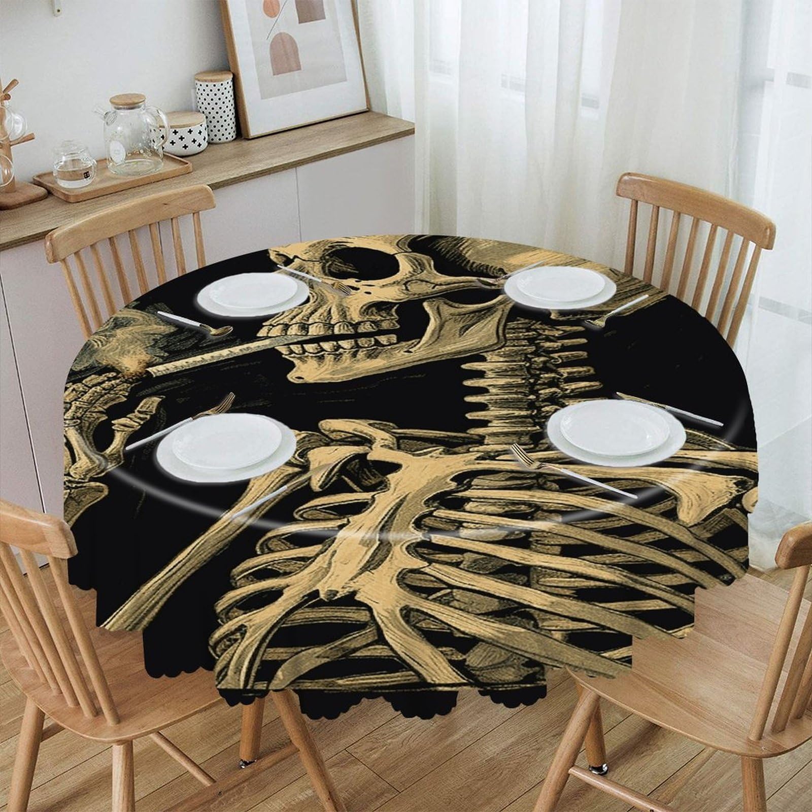 VstaDank - Skeleton Burnt Cigarettes Round Tablecloth 60 Inch Easy Clean Round Thick Decorative Polyester Tablecloth for Dining Kitchen Party Farmhouse Outdoor