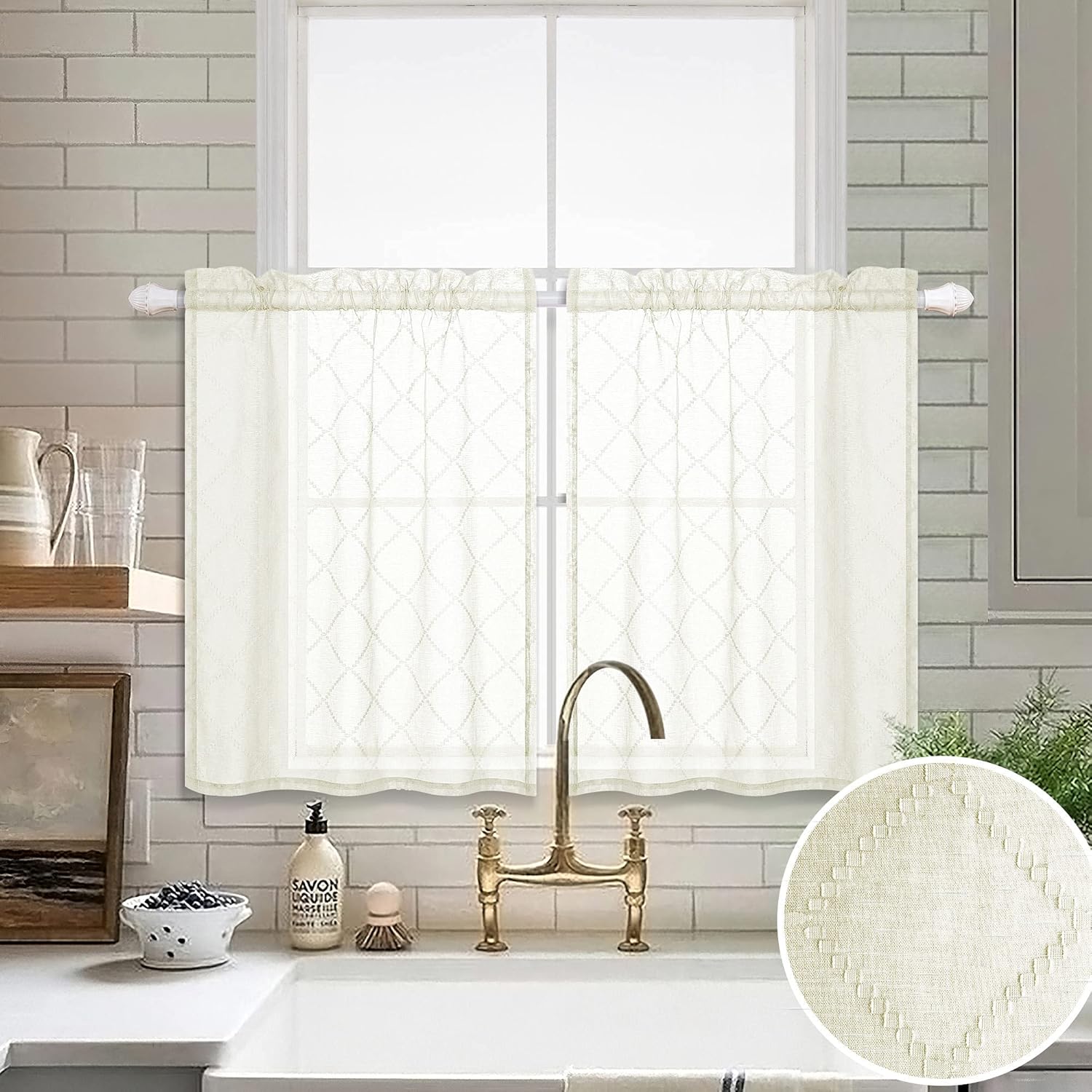 Beige Curtains 36 Inch Length for Kitchen Windows 2 Pack Pocket Small Cafe Curtain Tiers Diamond Quatrefoil Embroidery Elegant Design Geometric Short Sheer Curtains for Bedroom Bathroom Ivory Cream