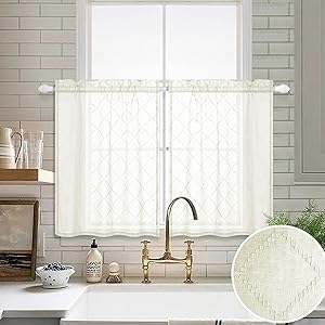 Beige Curtains 36 Inch Length for Kitchen Windows 2 Pack Pocket Small Cafe Curtain Tiers Diamond Quatrefoil Embroidery Elegant Design Geometric Short Sheer Curtains for Bedroom Bathroom Ivory Cream