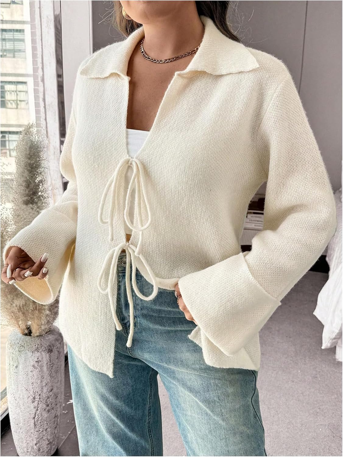 SHENHE Women's Tie Front Cardigan Collared Long Sleeve V Neck Casual Lightweight Knit Top - Image 5