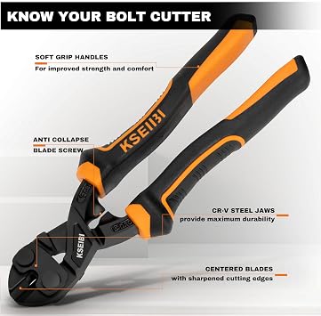 KSEIBI 8-Inch Mini Bolt Cutters Heavy Duty - Compact Bolt Cutter with Anti-Slip Handle for Wire, Cables, Chains, Small Screws - Handy Tool Featuring High Leverage Design and CrMo Blades - 161615
