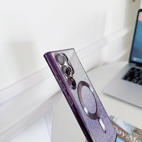 Miniatura 3 de Diseñada para Samsung Galaxy S22 Ultra, funda magnética con purpurina chapada en degradado compatible con MagSafe, con protector de lente de cámara,