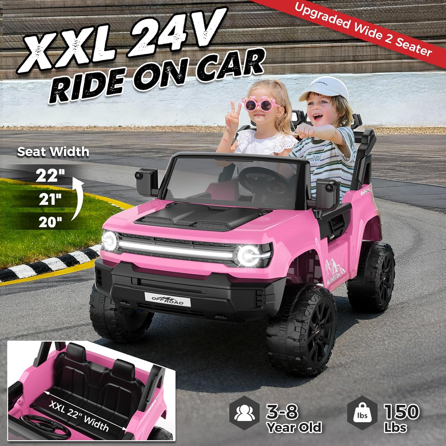 Hikole 24V Powerful Ride on Toys Car for Big Kids 4-8, XL Electric Car 2 Seater w/Remote Control, 4WD/2WD Switch, 22'' Spacious Seats, Bright LED Light, Extra Storage, Bluetooth & MP3, 3 Speeds, Pink