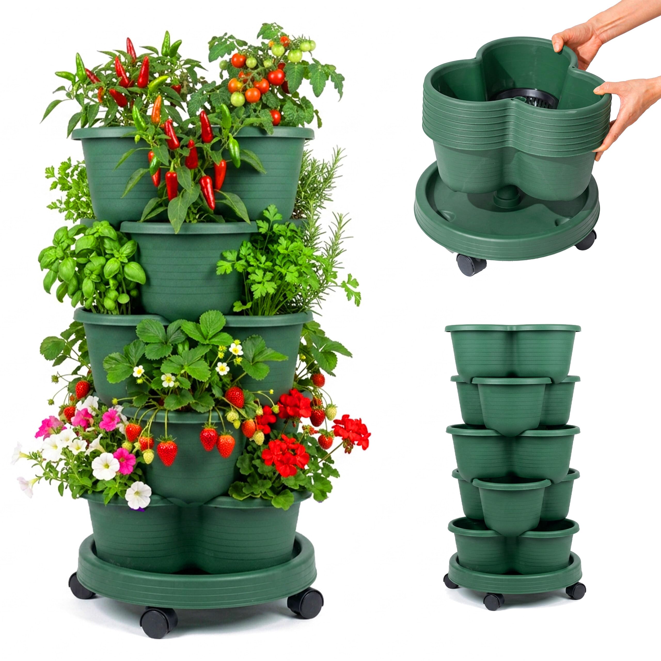 Relaxdays Plant Tower, vertical garden, stackable, on castors, HxD: 66x33 cm, 5-tier strawberry, PP, green