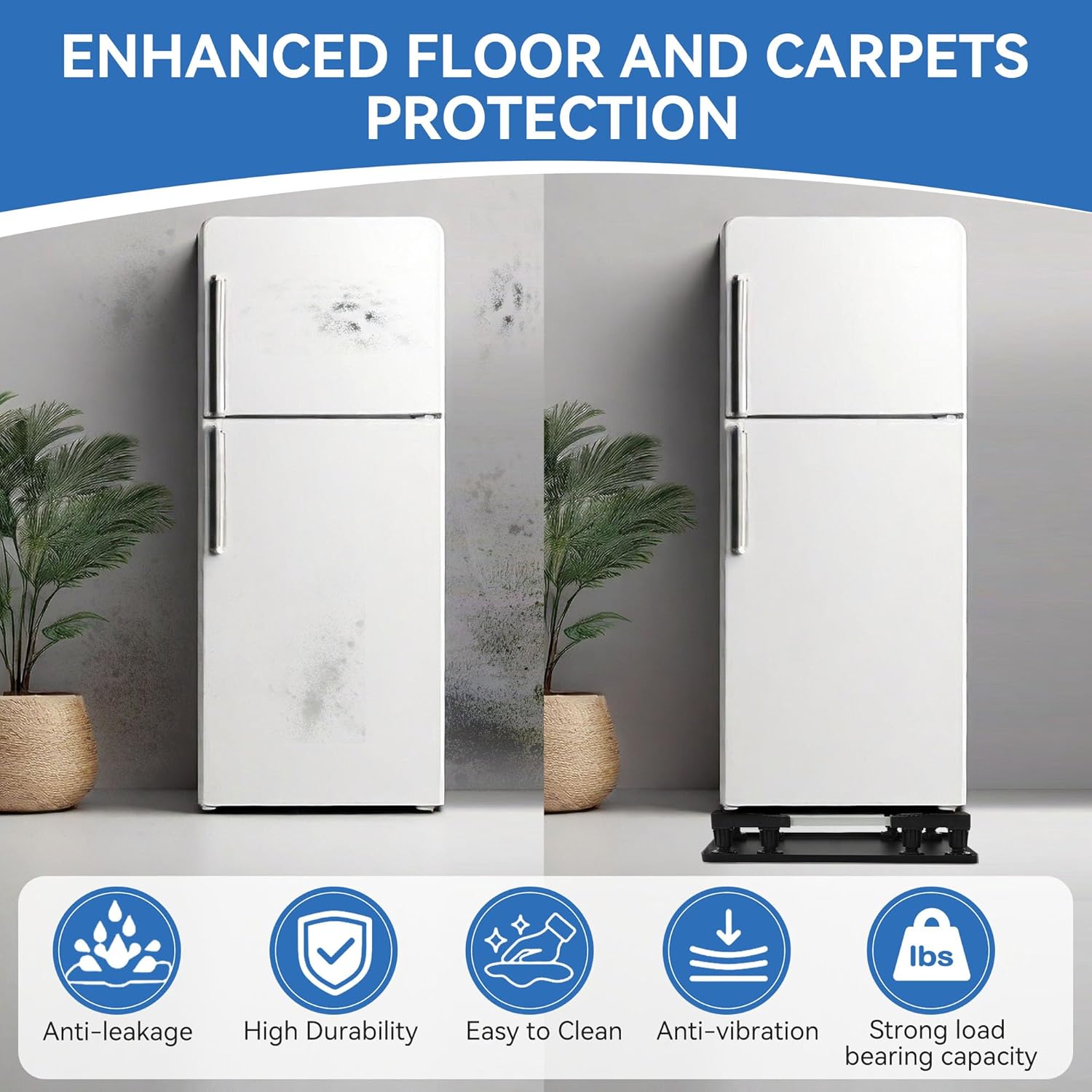 Mini Fridge Stand with Silicone Drip Tray, Universal Adjustable Base with 8 Strong Feet, 24" x 24" Mini Fridge Mat, Suitable for Small Refrigerators, Portable Compact Washer, Dryer, Wine Cabinet