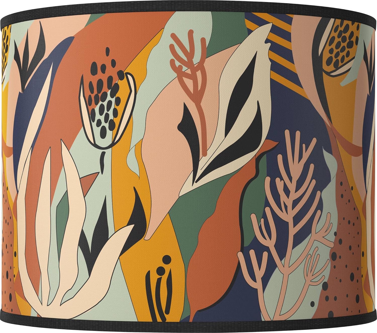 14" Top x 14" Bottom x 11" High Hand Crafted Print Lamp Shade (Pre-Assembled) Replacement Large Orange Blue Drum Round Mid-Century Coastal Tropical Wild Desert Pattern Spider Harp Finial - Giclee Glow