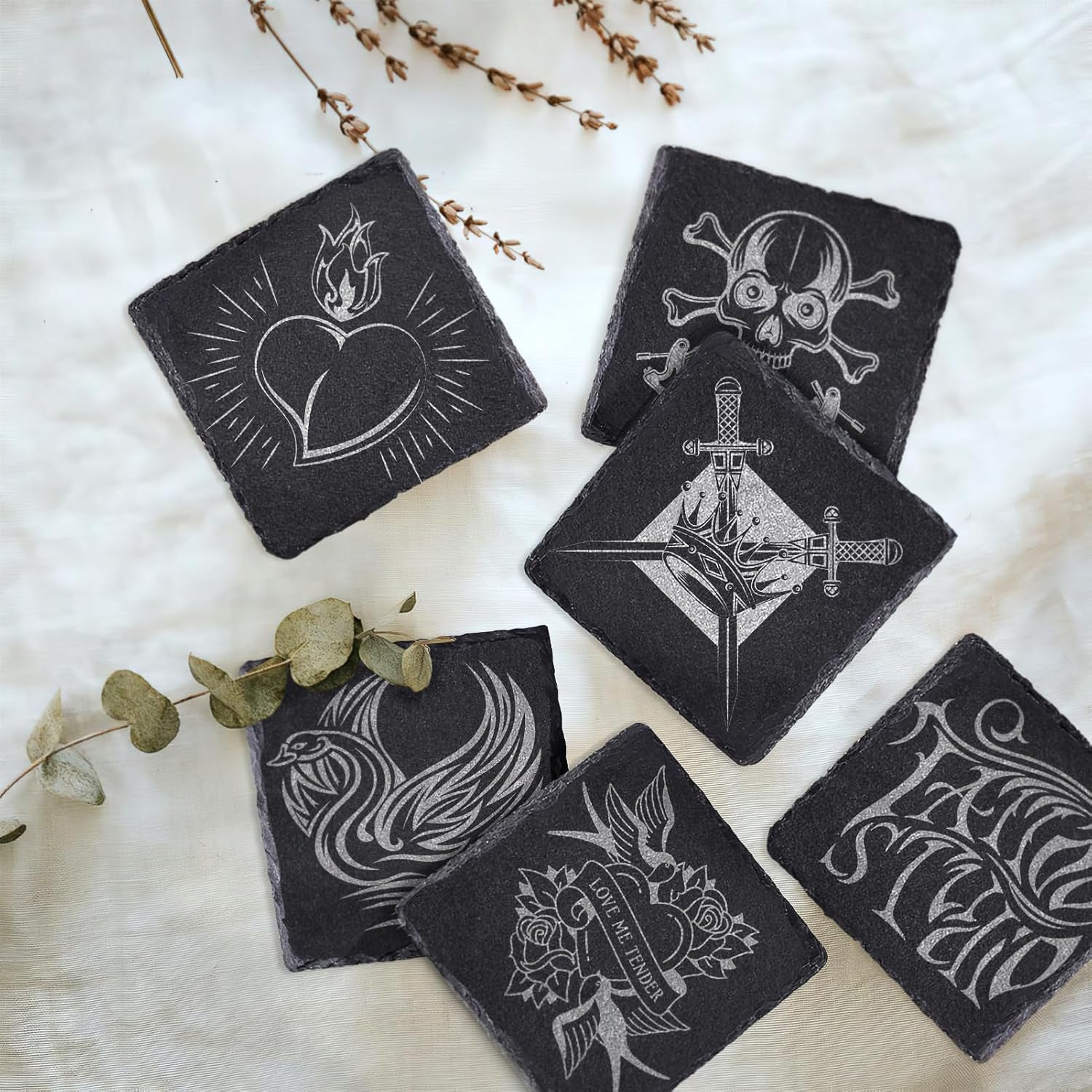 4 PCS Square Slate Drink Coasters Set, SIJDIEE 4 Inch Laser Engraving Black Slate Stone Coasters with Anti-Scratch Bottom and Coaster Holder for Office Bar Kitchen Home Dinner Table Decor Supplies - Image 3