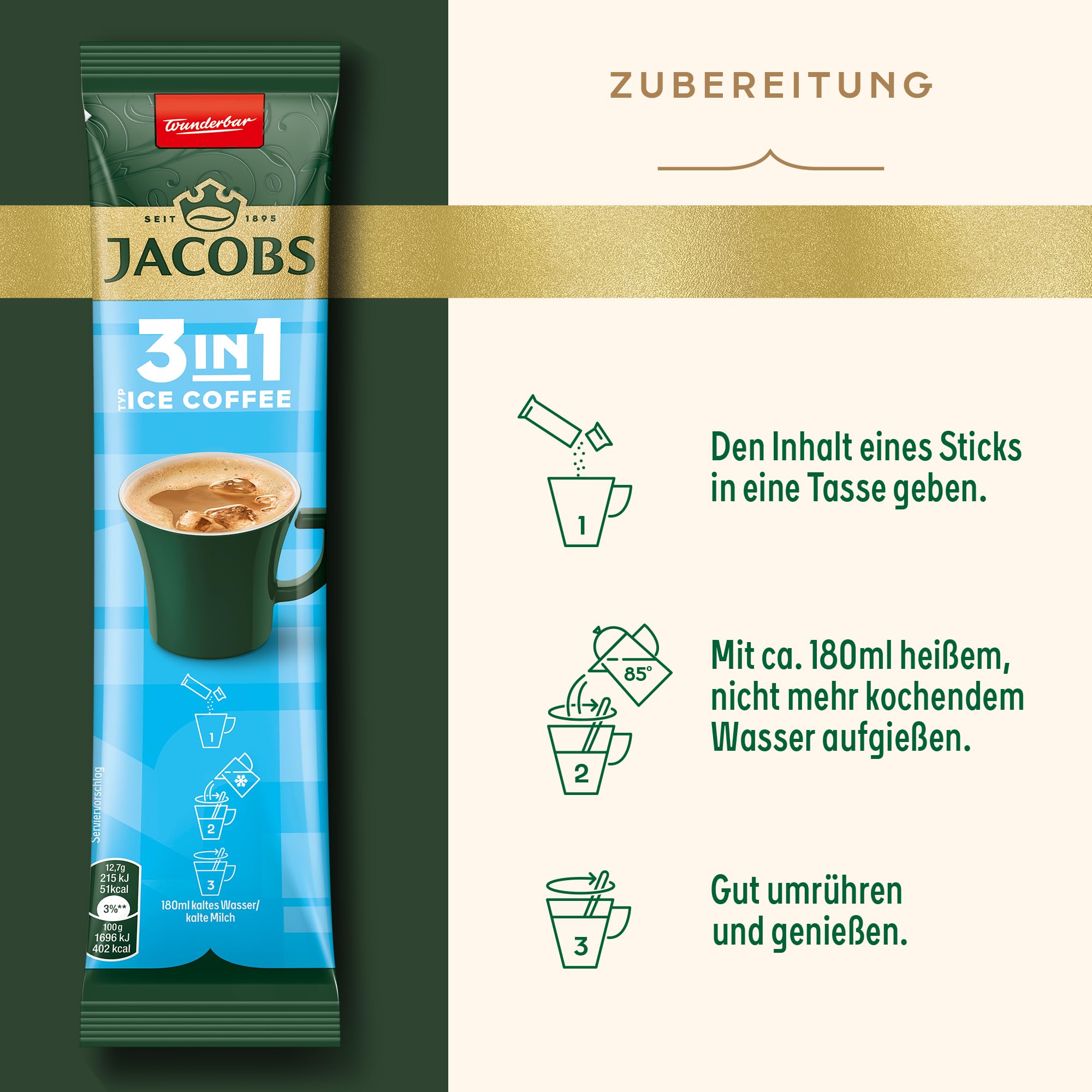Jacobs 3in1 Ice Coffee, Instant Kaffee Sticks, löslicher Bohnenkaffee mit Creamer und Zucker, 12 x 10 Sticks, 120 Getränke